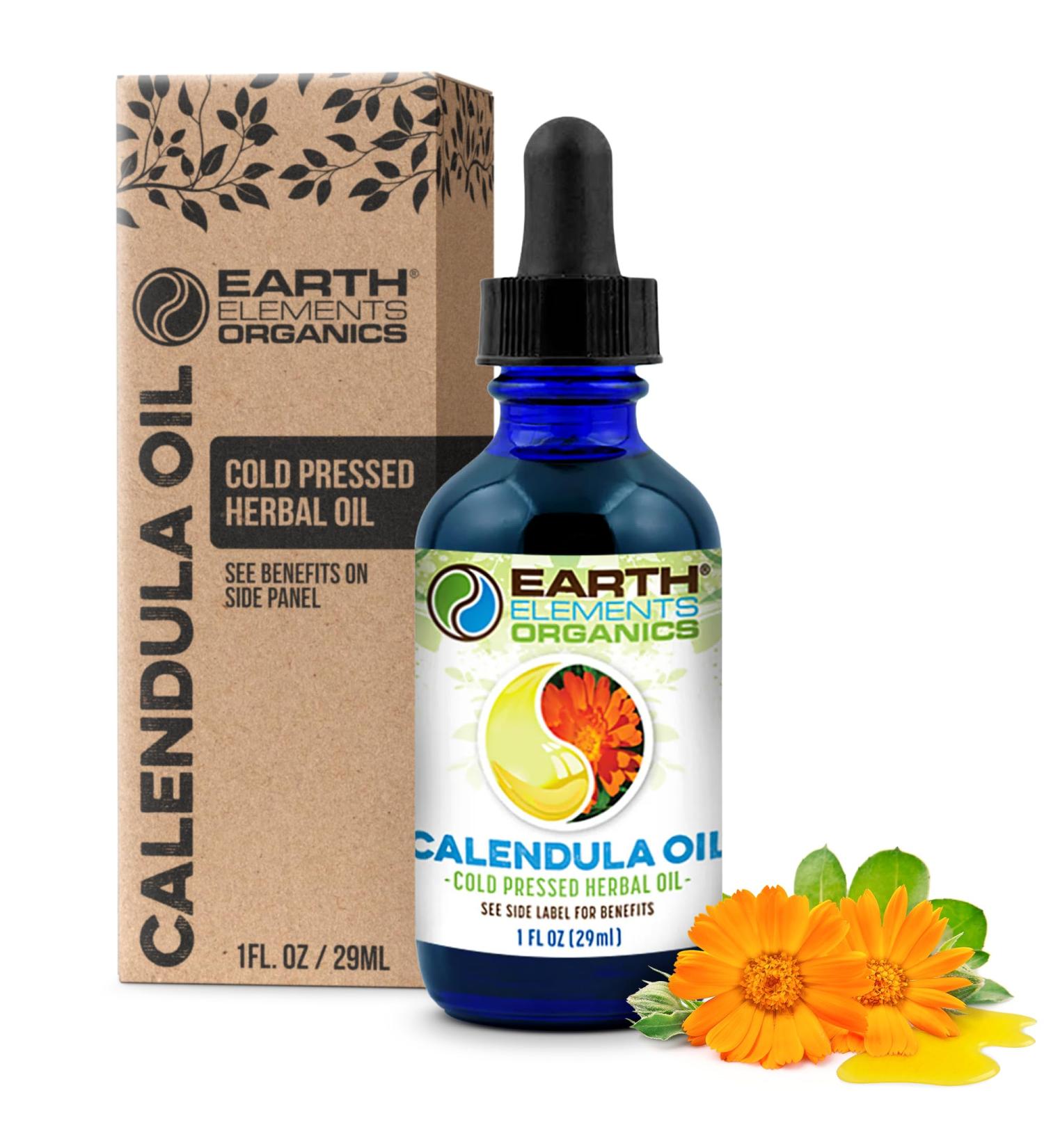 Earth Elements Organics Calendula Oil with Sunflower Oil Herbal Care for Chapped or Damaged Skin Organic Skincare for All Skin Types - 1 fl oz - Buy Online on GoSupps.com