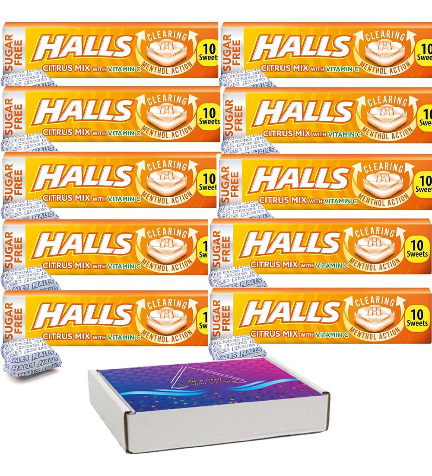 Sugar Free Halls Citrus Mix with Vitamin C 32g - Assorted Citrus-Lemon Orange Lime Flavoured | VIMIX (10 Packs (Half Box))