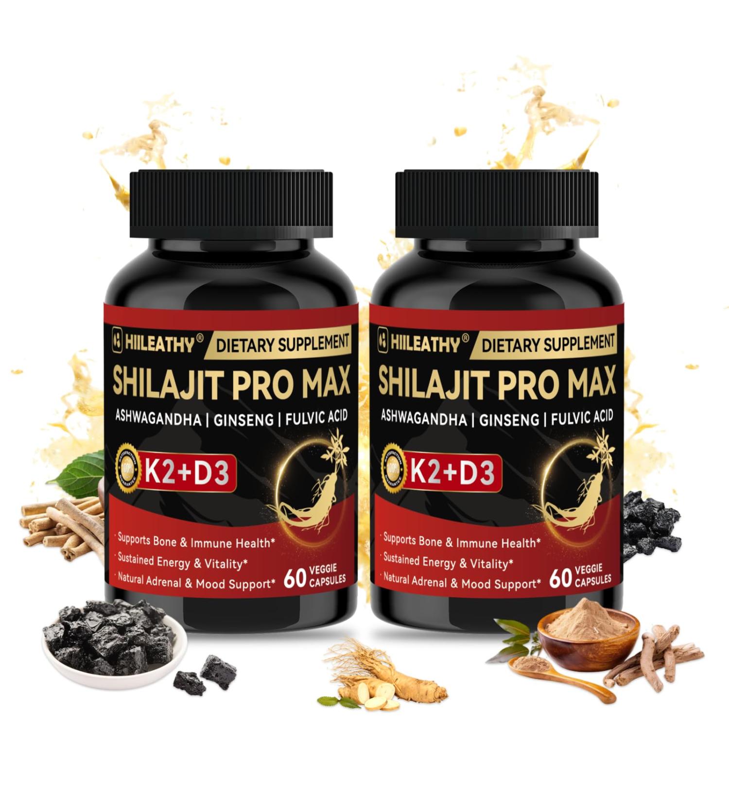 HIILEATHY 2 Pack Shilajit for Men Women Shilajit w/Vitamin D3 K2 Shilajits for Men w/Fulvic Acid Ashwagandha Shilajits for Extra Power Stamina Immune Support Non-GMO Made in US 60 Capsules - Buy Online on GoSupps.com