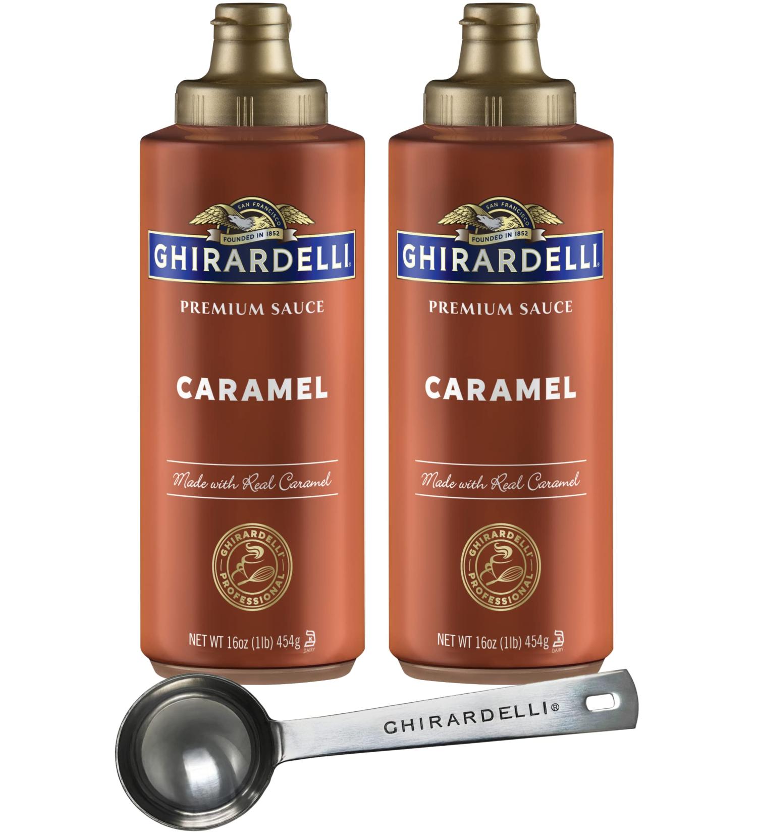 Ghirardelli Caramel Sauce 16oz Squeeze Bottle (Pack of 2) + Barista Spoon | Rich & Creamy - Buy Online on GoSupps.com