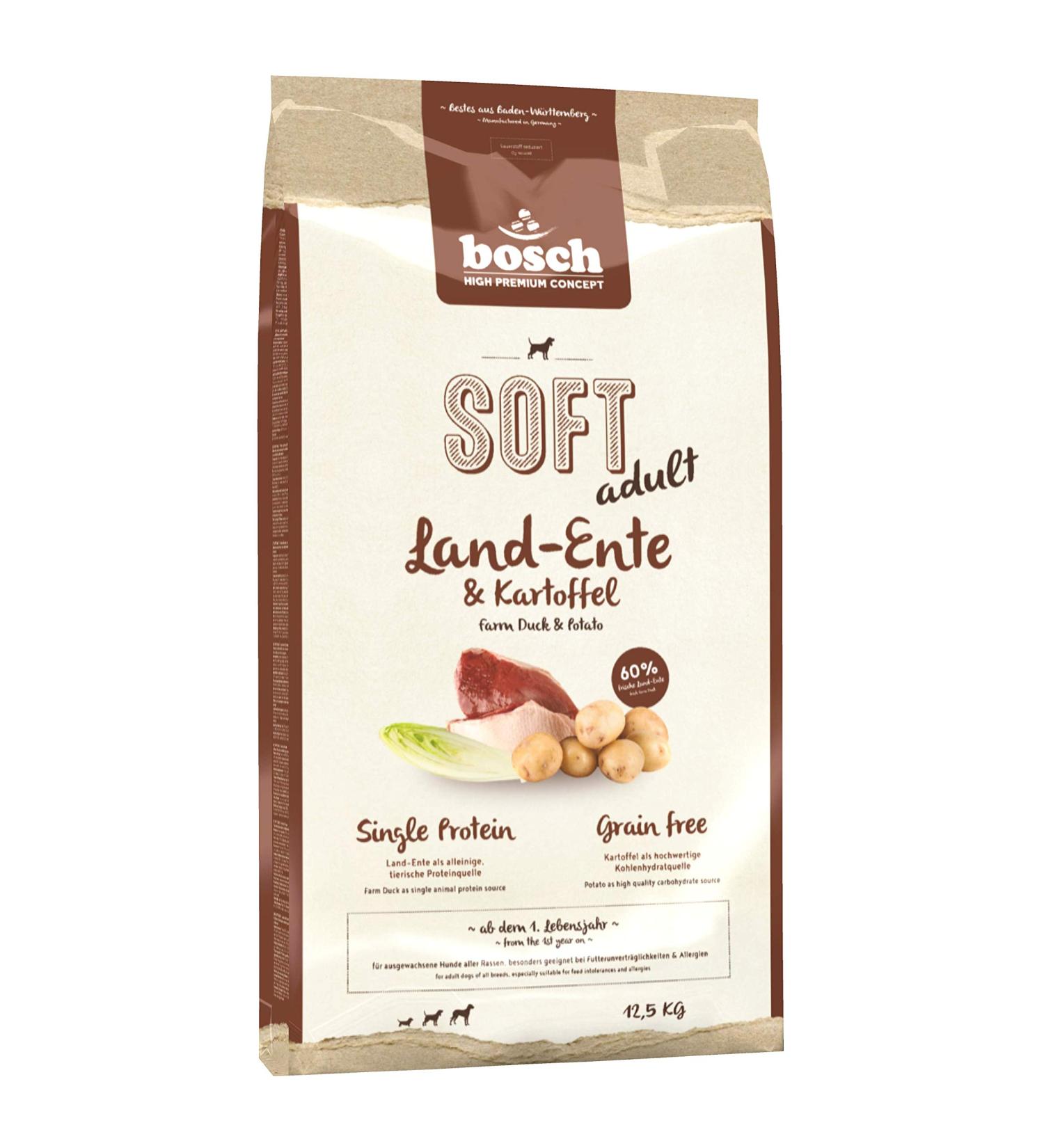 Bosch HPC Soft Land Duck & Potato - Grain-Free Half-Moist Dog Food for All Breeds | Single Protein | 12.5 kg Pack - International Shipping Available - Buy Online on GoSupps.com