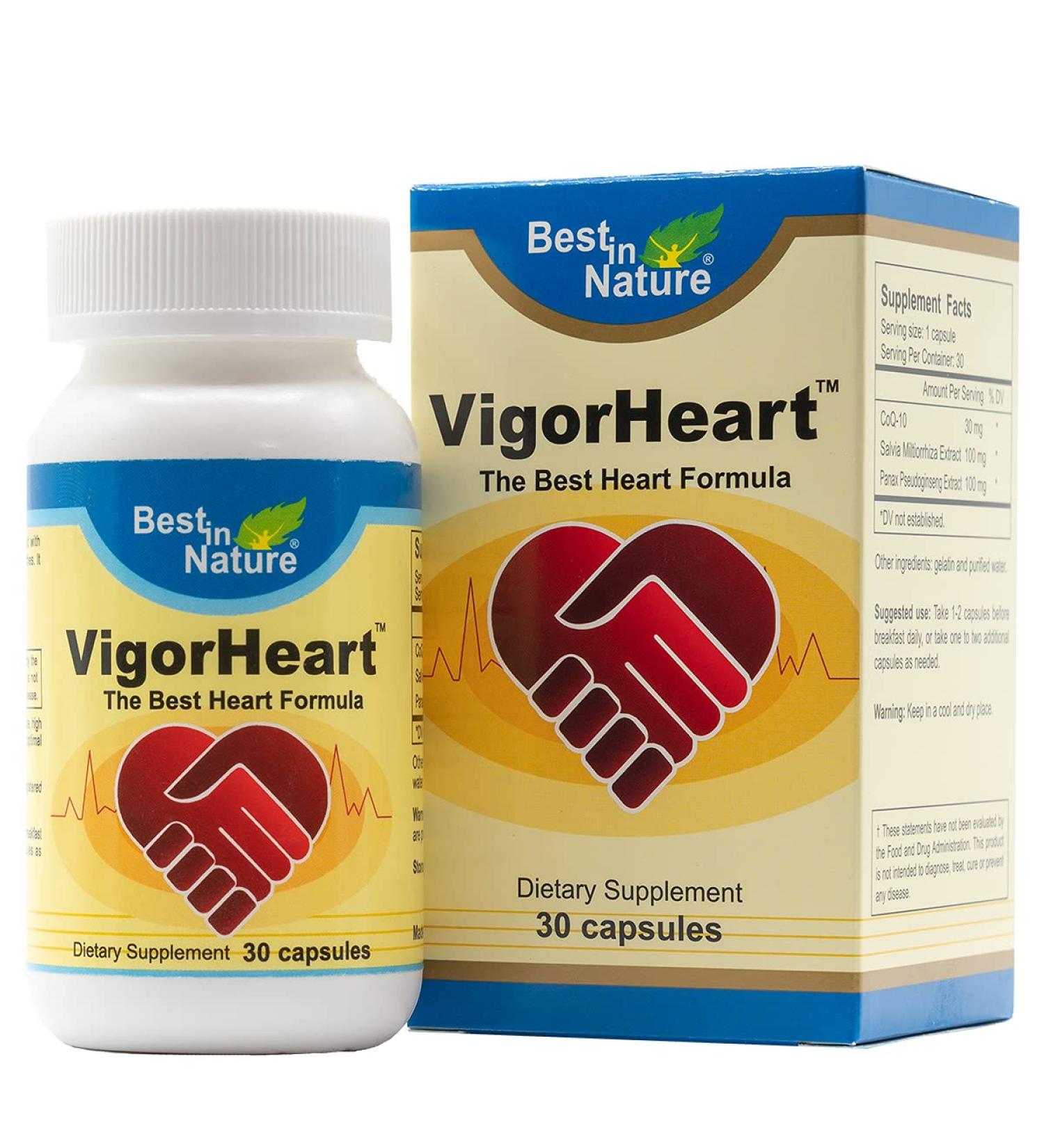 VigorHeart Natural Heart Supplement Pills with CoQ10 Salvia Miltiorrhiza & Panax Pseudoginseng - 30 Capsules for Optimal Heart Health - Buy Online on GoSupps.com