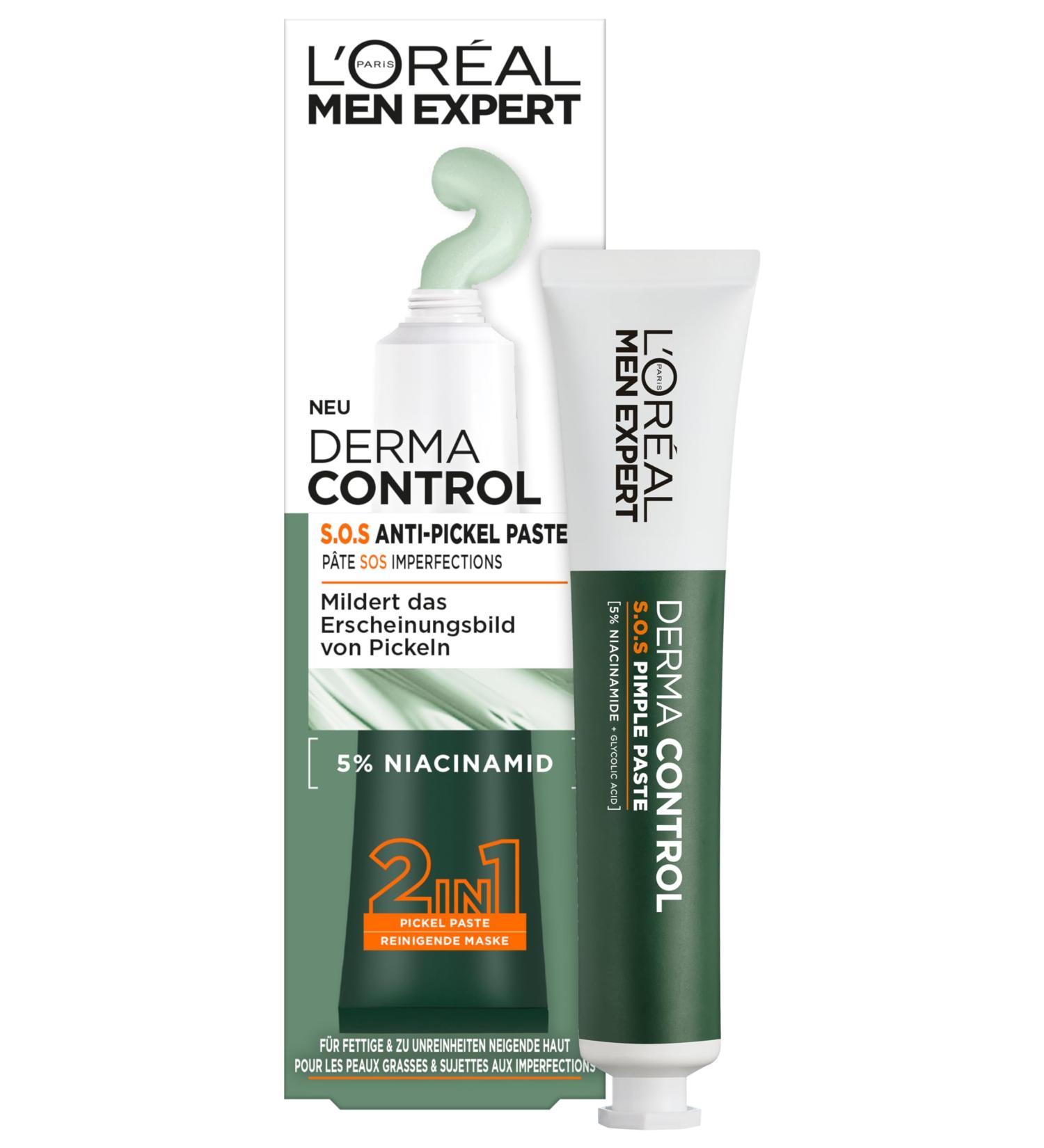 L'Or al Men Expert S.O.S P te boutons 2 en 1 pour hommes galement comme masque facial pour les peaux impures et sujettes l'acn nettoyage du visage anti-boutons pour homme avec 5% de Derma Control 45 ml (Lot de 1)