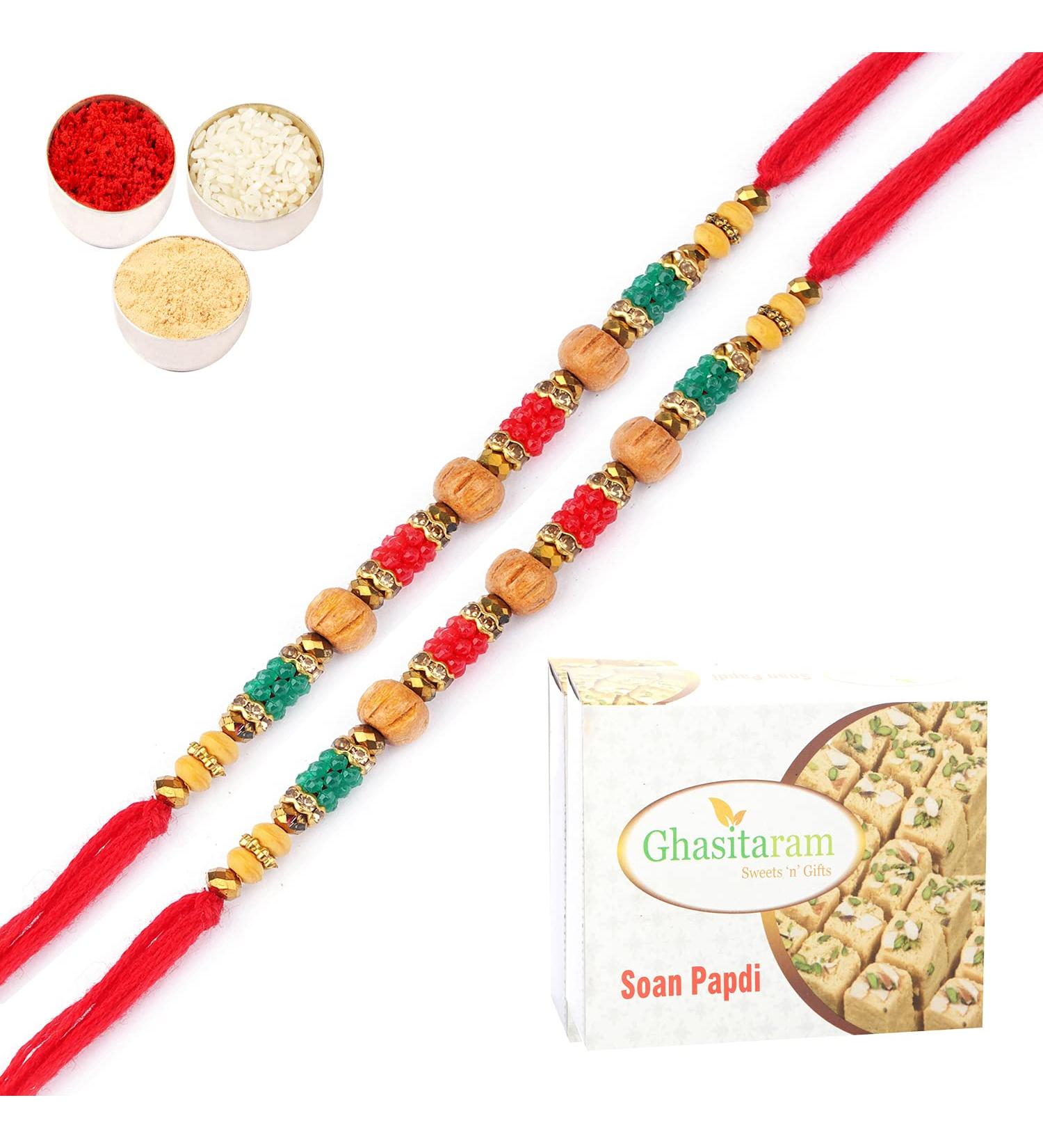 Ghasitaram Gifts Rakhi for Brother Rakhis Online - Set of 2-7086 Fancy Thread Rakhi with 400 GMS of Soan Papdi Set of 2 Rakhis with 400 gms of Soan Papdi - Buy Online on GoSupps.com