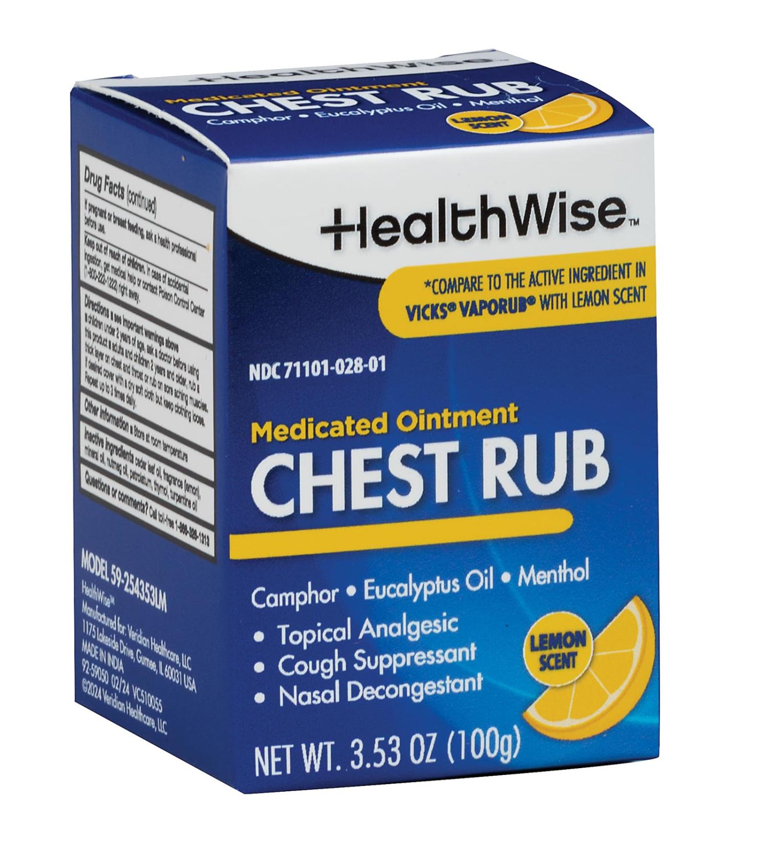 HealthWise Medicated Chest Rub | Refreshing Lemon Scent | Cough Suppressant | Relieves Nasal Congestion | Relieves Minor Aches and Pains | 3.53 oz.
