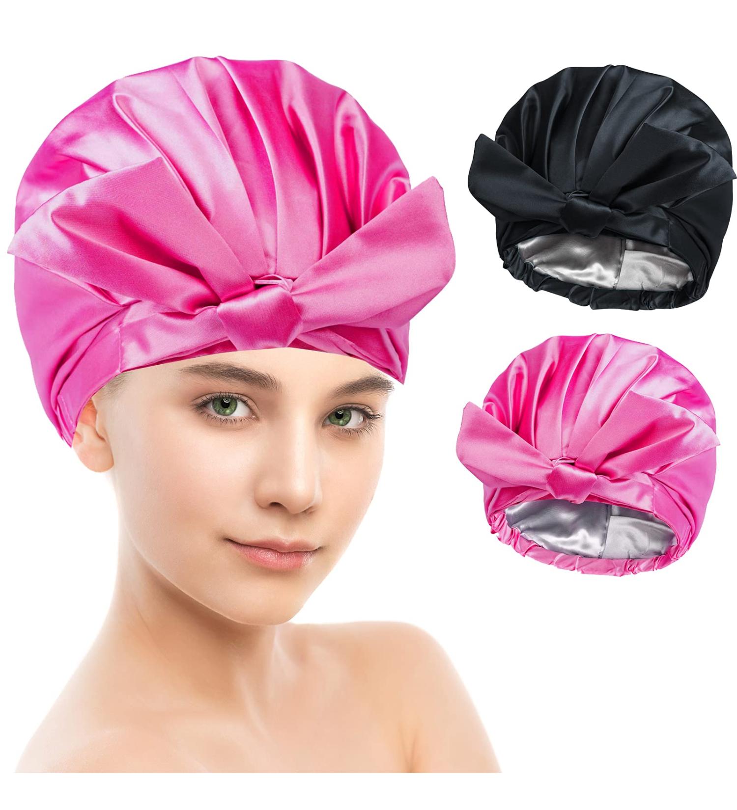 2 Pack Satin Lined Shower Caps for Women and Kids - Waterproof & Adjustable Hair Cap for Long Hair - Reusable Bath Hat - Black and Rose Red - Buy Online on GoSupps.com