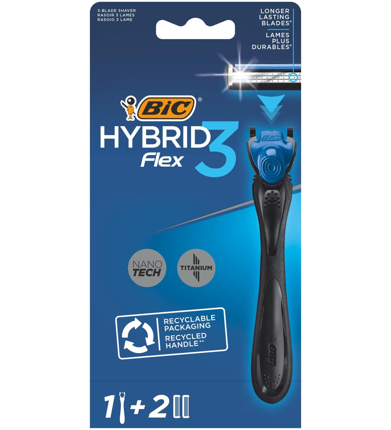 BIC Hybrid 3 Flex Men's Razor Kit - Refillable 3-Blade Razor with 90% Recycled Plastic Handle - Box of 1 Handle + 2 Blade Refills - Buy Online on GoSupps.com