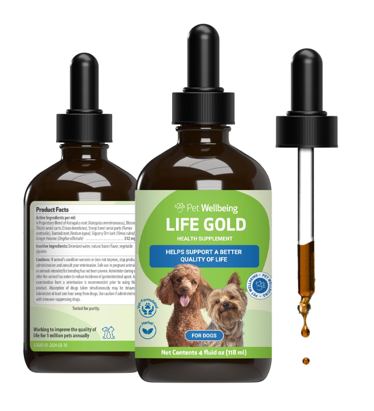 Pet Wellbeing Life Gold for Dogs - Supports Detoxification & Immune System Health with Astragalus & Sheep Sorrel - NASC Certified & Vet-Formulated - 4 oz Liquid Formula 4 Fl Oz - Buy Online on GoSupps.com