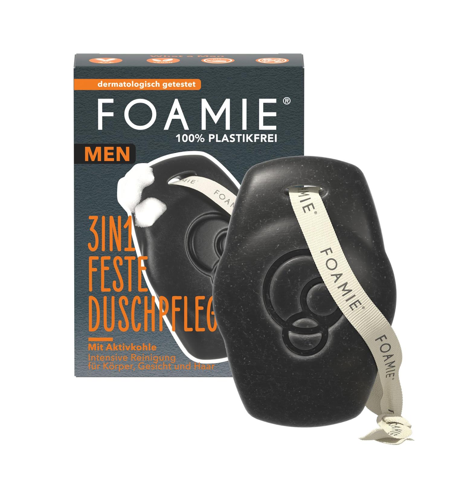 Foamie 3-in-1 Solid Shower Gel & Shampoo for Men - Activated Carbon & Rosewood | Powerful Woody Fragrance for Skin & Hair Care - 90g - Buy Online on GoSupps.com