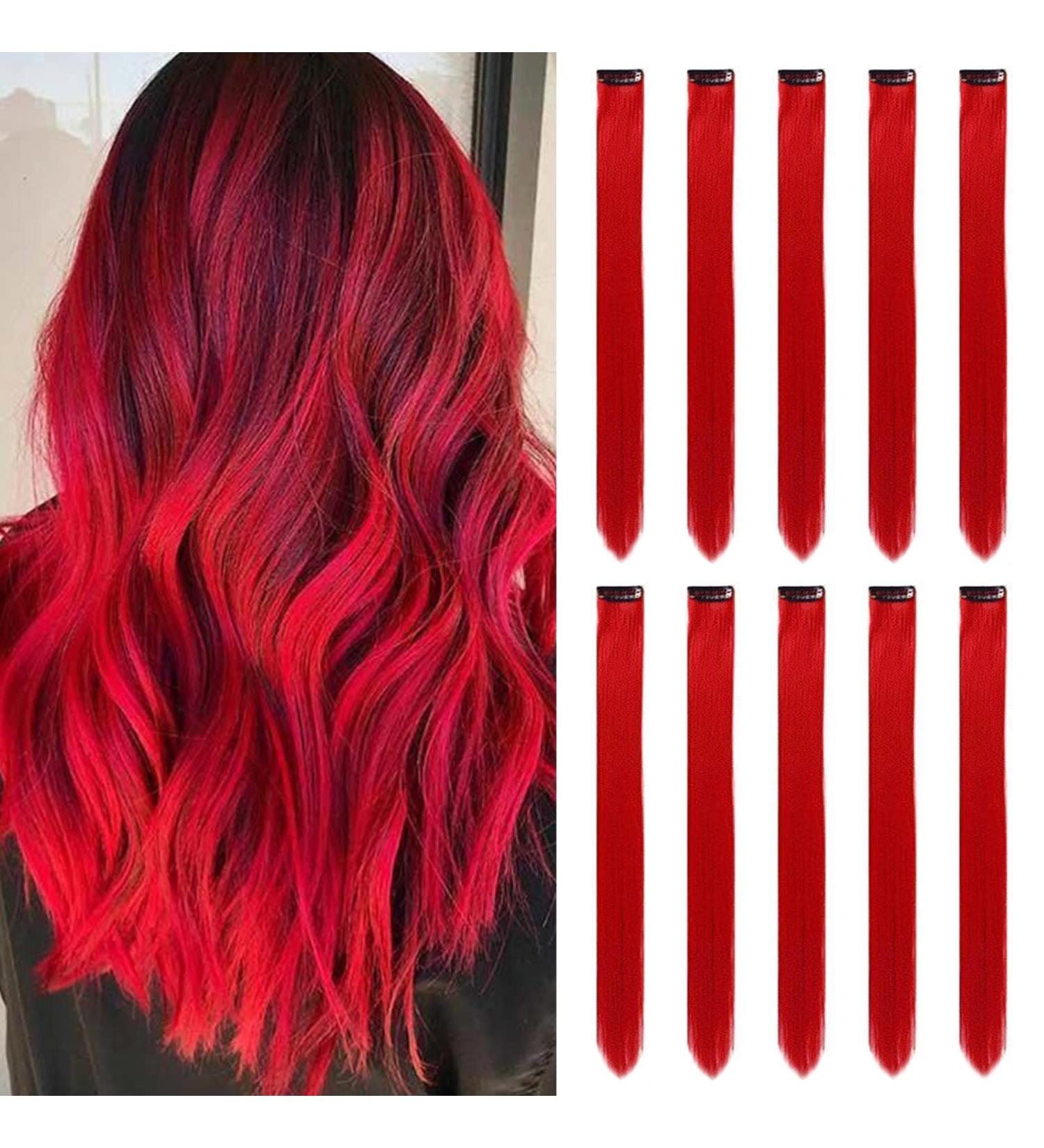 Colored Hair Extensions Clip In for Girls 22 Inch Colorful Straight Hair Extensions for Party Highlights Hair Accessories Hair Pieces for Women(10 PCS Red) 10pcs-Red - Buy Online on GoSupps.com