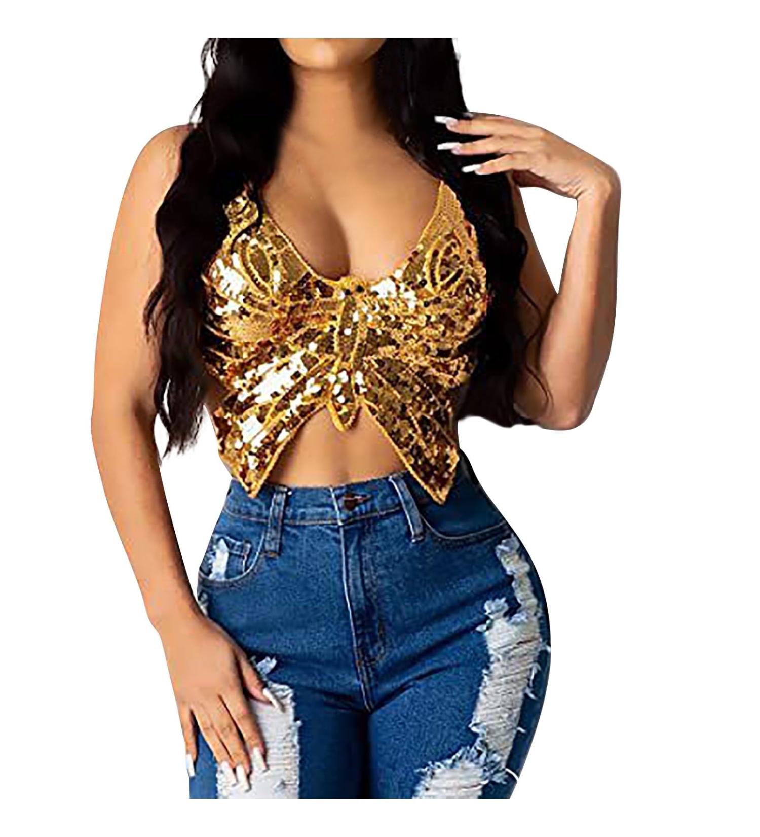 Shop Glamorous Sequin Butterfly Crop Top - Belly Dance & Rave Wear | Backless Metallic Sleeveless Top - Buy Online on GoSupps.com