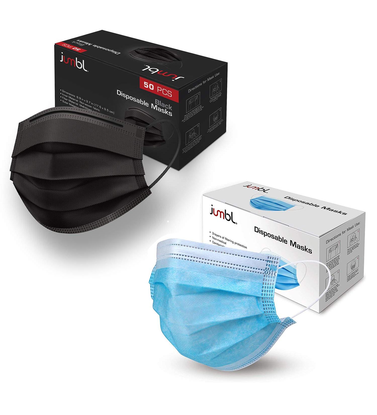 Jumbl Black and Blue Disposable Face Masks | 100 Pack (50 Blue & 50 Black) - Ideal for Travel & Safety | International Shipping Available - Buy Online on GoSupps.com