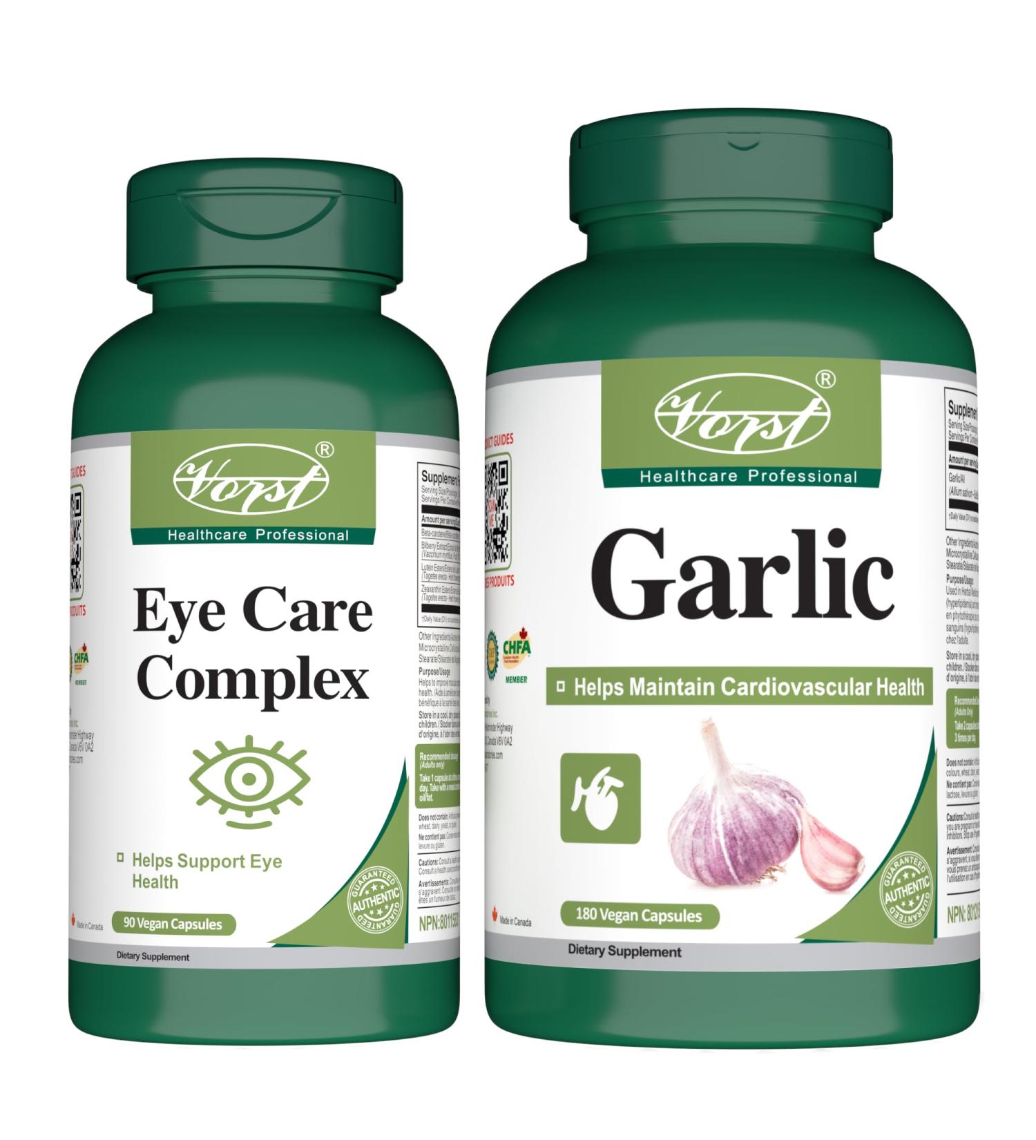 VORST Eye Care Complex 90 Vegan Capsules & Garlic 180 Vegan Capsules (Combo Bundle 2 bottles)