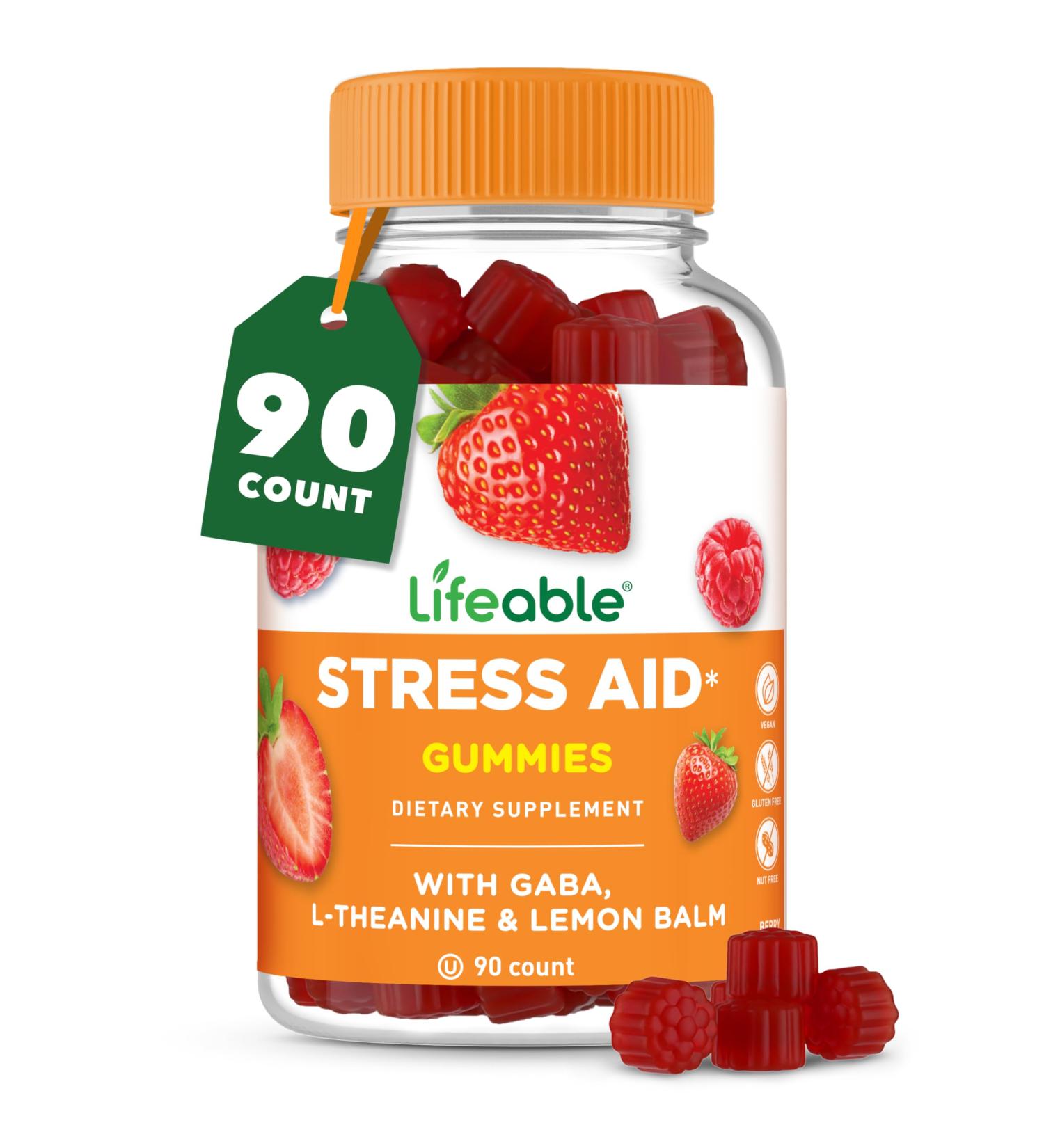 Lifeable Stress Aid Gummies | with Lemon Balm GABA and L Theanine Supplements | Vegan Non GMO Mood Support Supplement | Great Tasing Stress Vitamins | L-Theanine for Women and Men | 90 Gummies - Buy Online on GoSupps.com