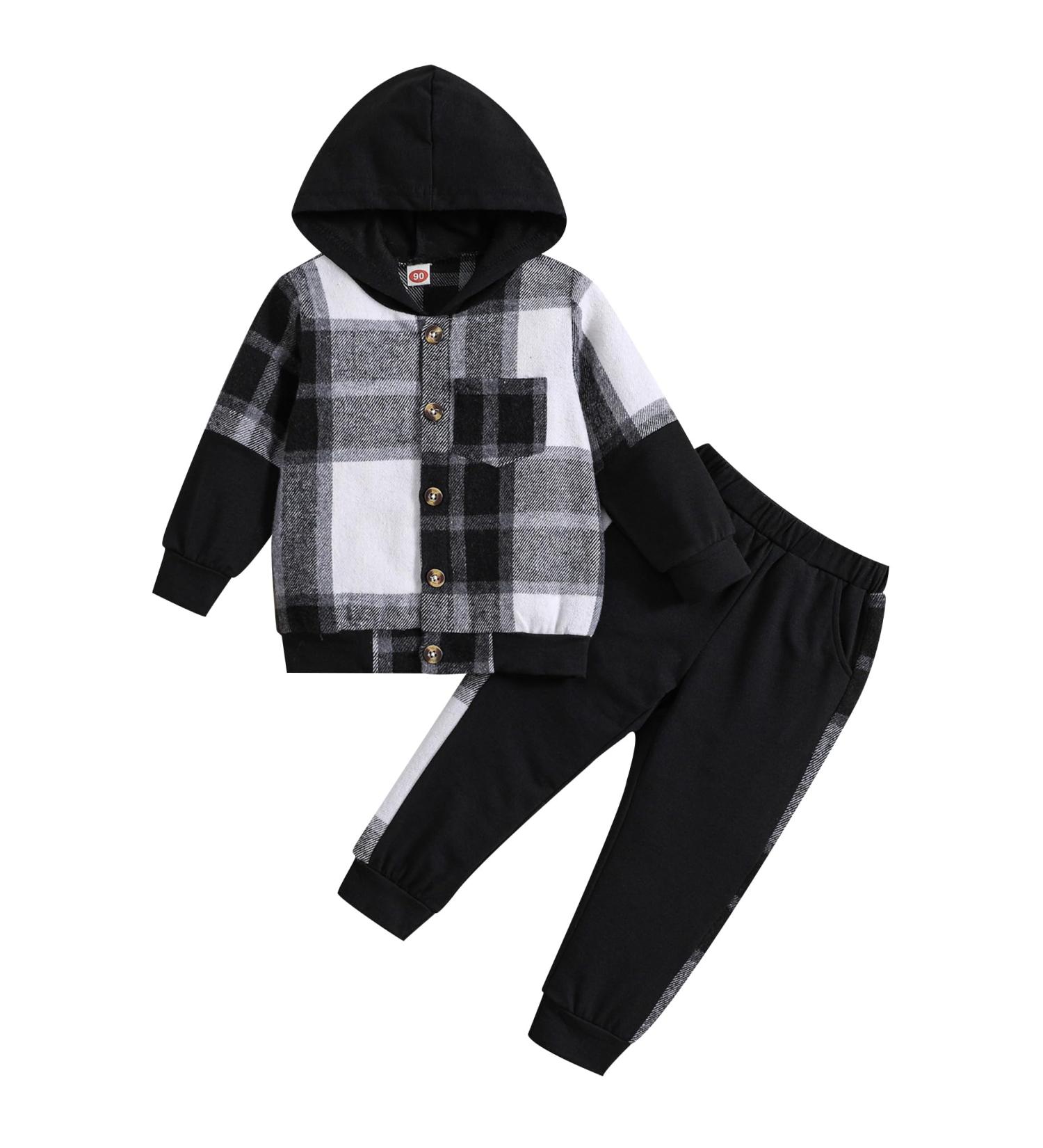 Qiraoxy Toddler Baby Boy Plaid Hoodie Sweatshirt Outfit Set | 5-6 Years | Black - Buy Online on GoSupps.com