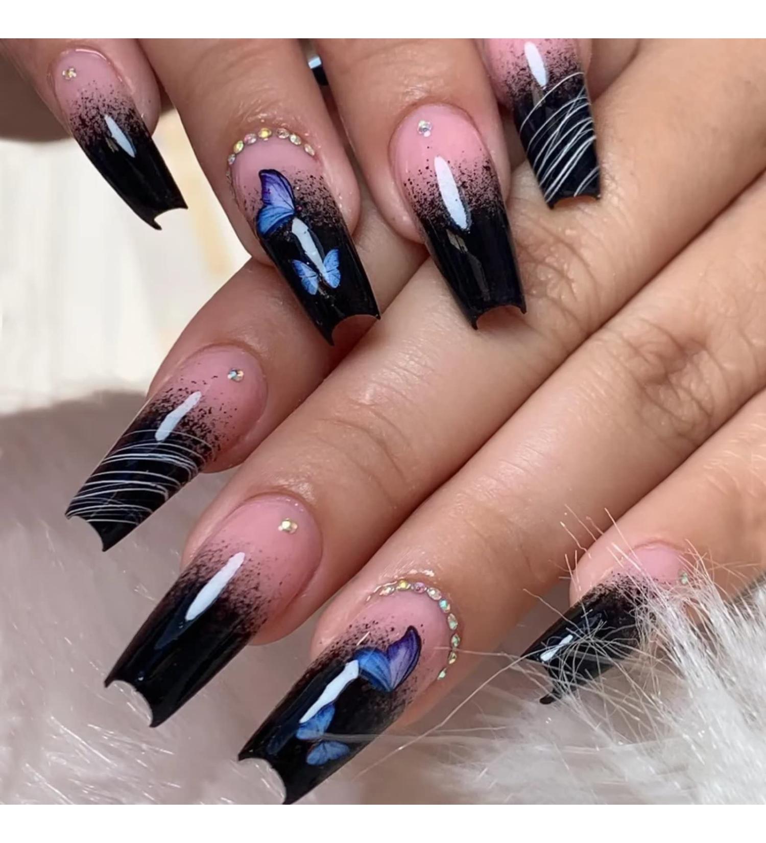Buy RUNRAYAY Black Long Coffin False Nails with Blue Butterfly Flash Design - Shiny Acrylic GG | International Shipping - Buy Online on GoSupps.com