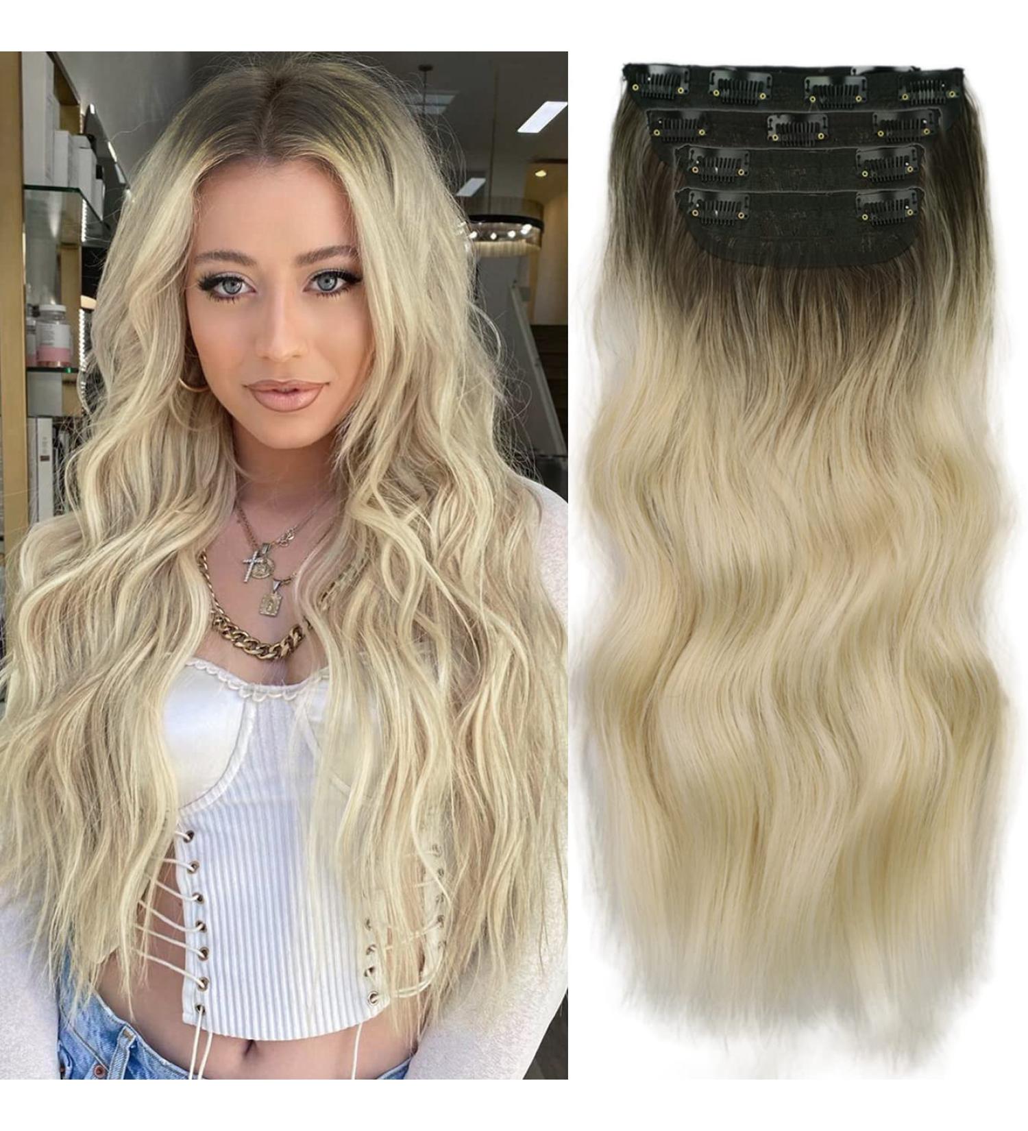 Affordable Ombre Blond Clip-In Hair Extensions | 50cm Double Weft Synthetic Hair for Women - 4-Pcs Full Head - Buy Online on GoSupps.com