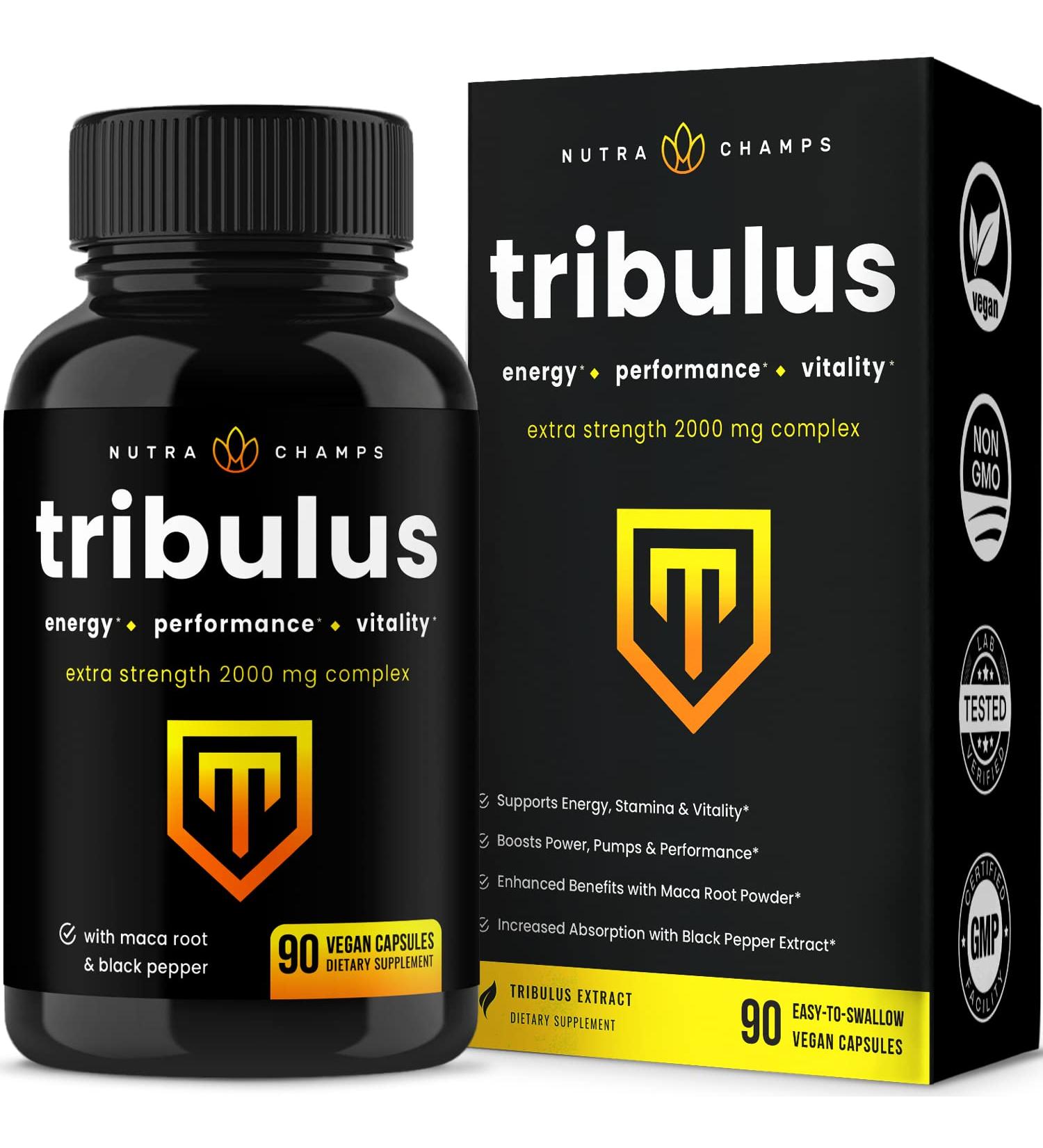 Tribulus Terrestris 2000mg Supplement with Maca & Black Pepper Extract - 90 Vegan Capsules for Men & Women | Extra Strength Saponins for Enhanced Absorption - Buy Online on GoSupps.com