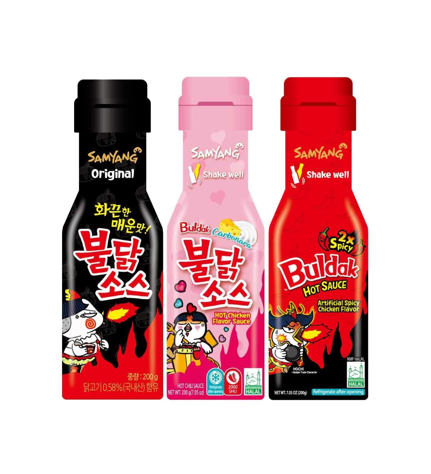 Samyang Buldak Sauce Hot Sauce Variety Set - Buldak Ramen Carbonara Hot Sauce Piquante Hot Chicken Flavor x2 Spicy (3 x 200g) - Fire Noodles Challenge - Buy Online on GoSupps.com