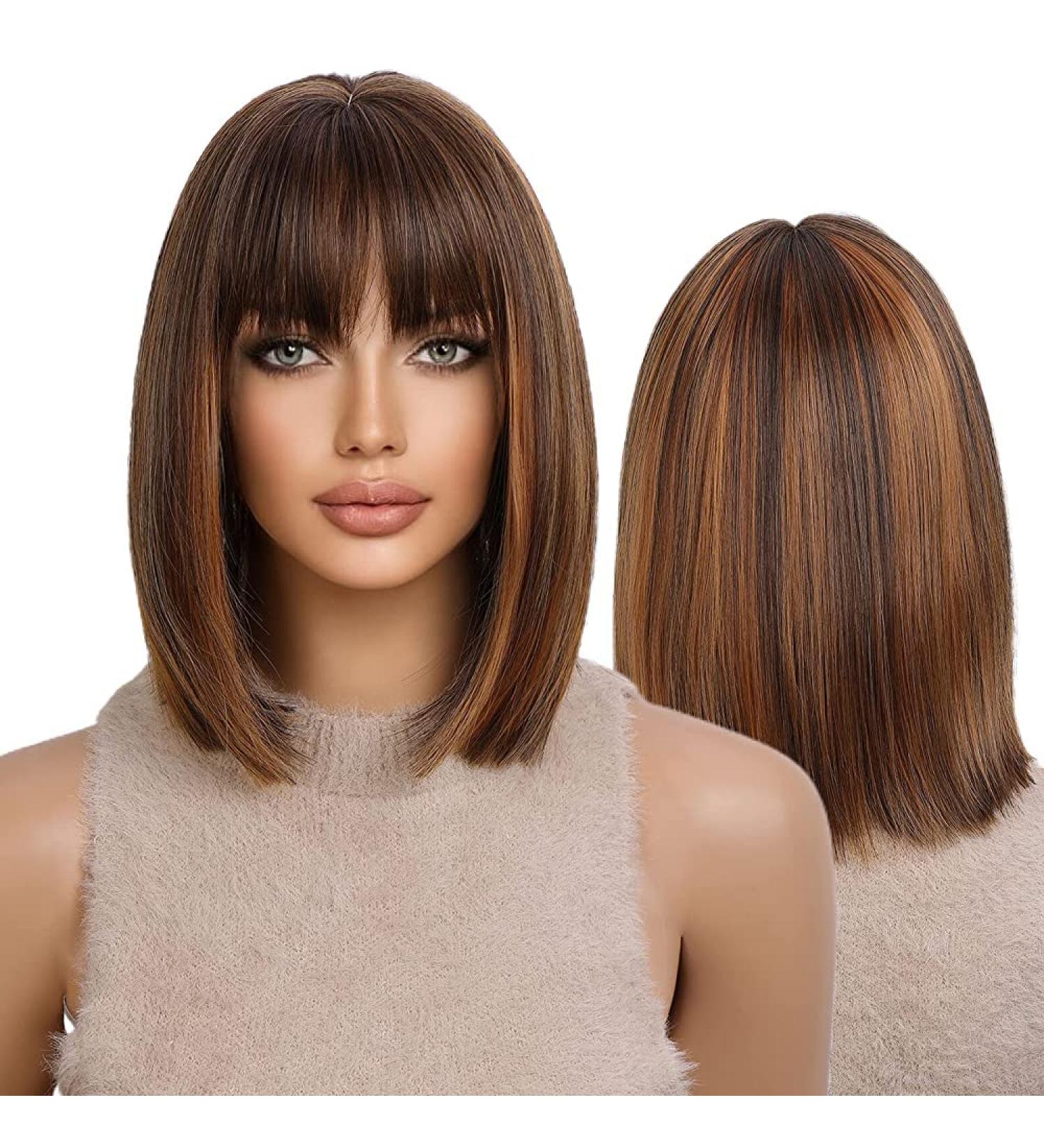 KOME Short Bob Wig for Women, Brown Highlighted Balayage Shoulder Length Synthetic Wig 12IN - Buy Online on GoSupps.com