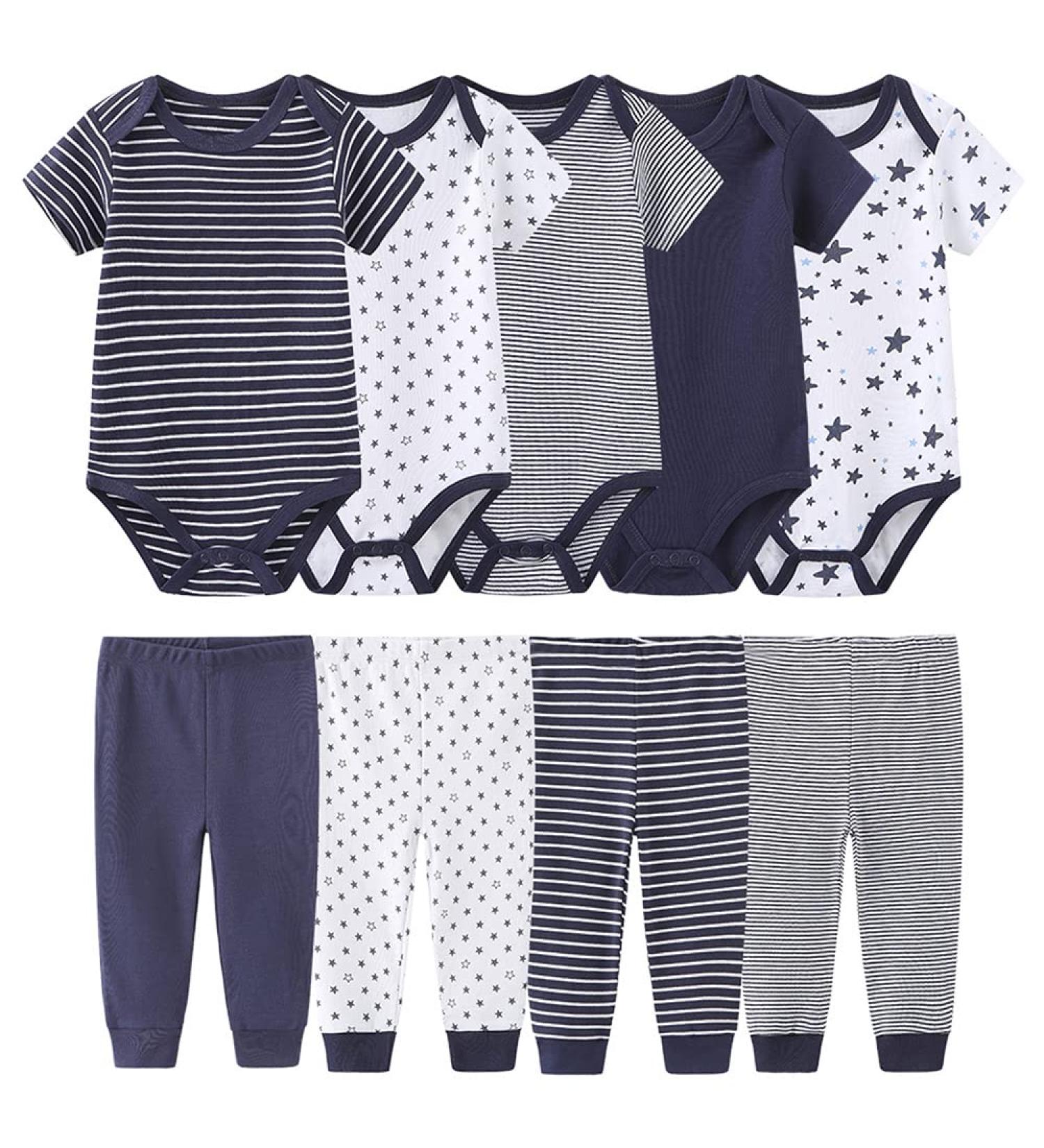Chamie Newborn Baby 10-Piece Clothing Set - Short-Sleeved Bodysuits, Pants, Vests in Pure Cotton - Navy Blue - Unisex - Sizes 0-12M - Buy Online on GoSupps.com