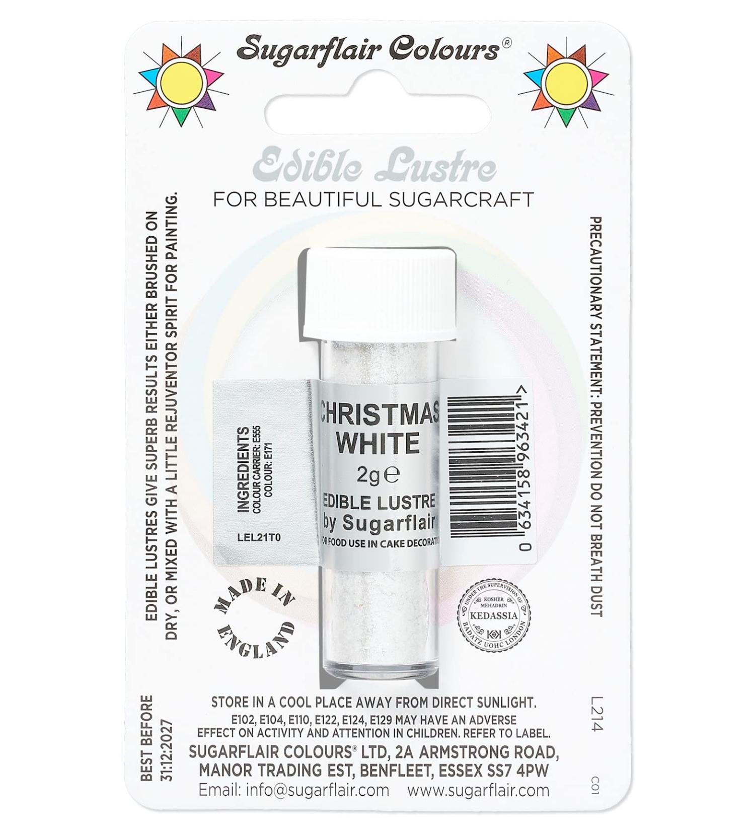 Sugarflair Christmas White Edible Lustre Dust Add a Lustrous Shine to Cakes or Decorations. Brush On or Add Rejuvenator to Create Eye-Catching Edible Paint Gives Shine to Your Bakes - 2g