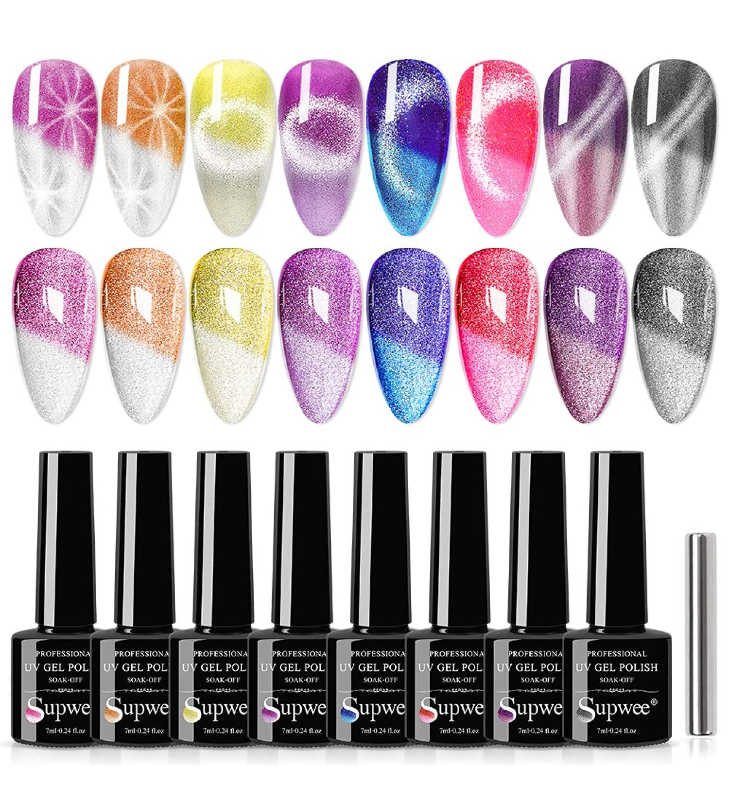 Supwee 2-in-1 Color Changing Cat Eye Gel Polish Set | Crystal Cat Eye Nail Gel Polish with Holographic Glitter | 8 Color Set - 7ml - Buy Online on GoSupps.com