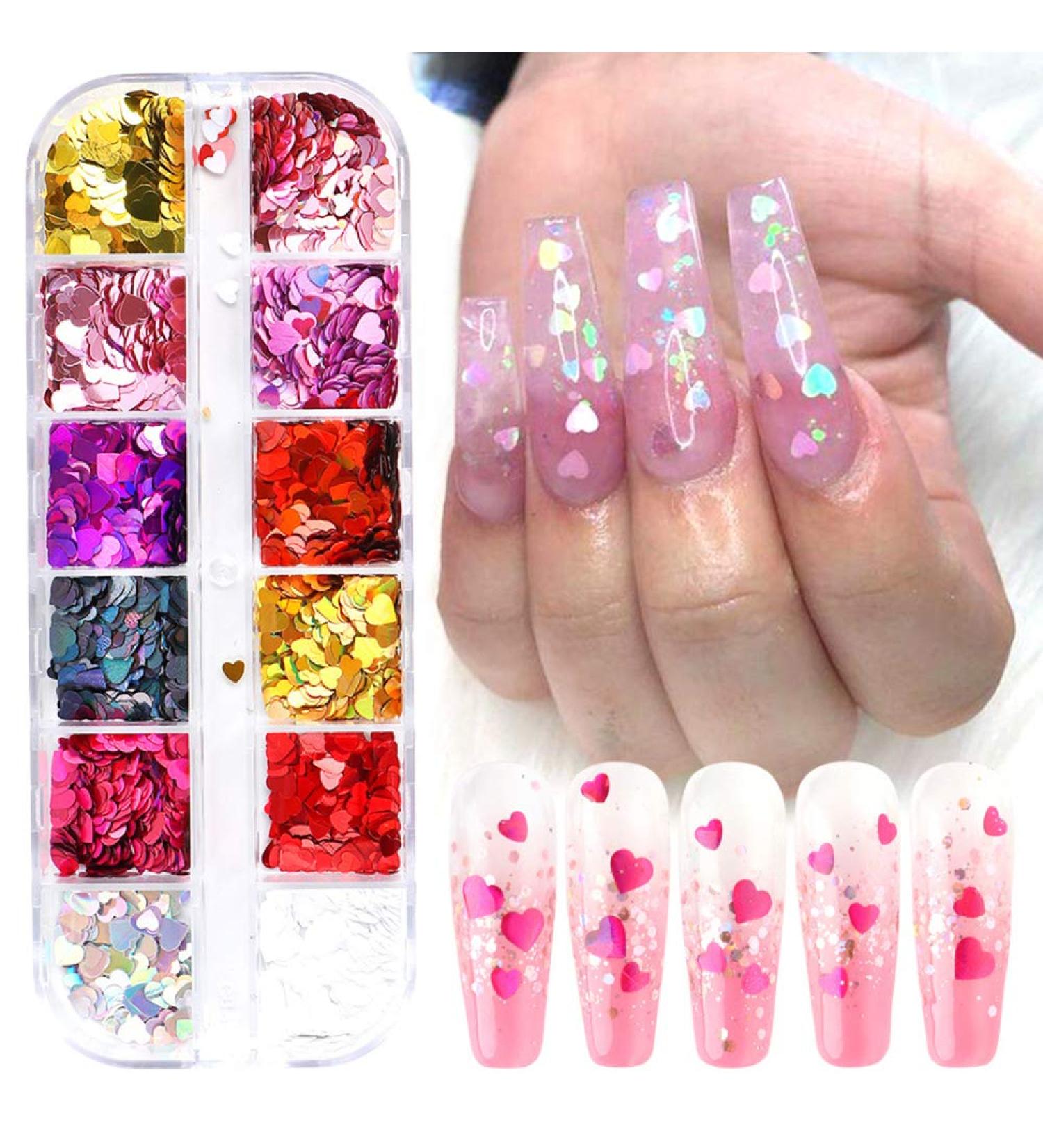 3D Heart Nail Art Stickers - Glitter Decals Love Sequins for Acrylic Nails - Buy Online on GoSupps.com