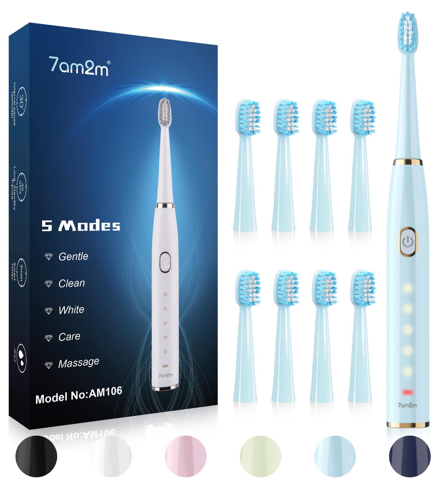 7AM2M Sonic Electric Toothbrush - Rechargeable for Adults & Kids 8 Brush Heads 5 Modes Smart Timer Fast Charge - Blue & Light Blue - Buy Online on GoSupps.com
