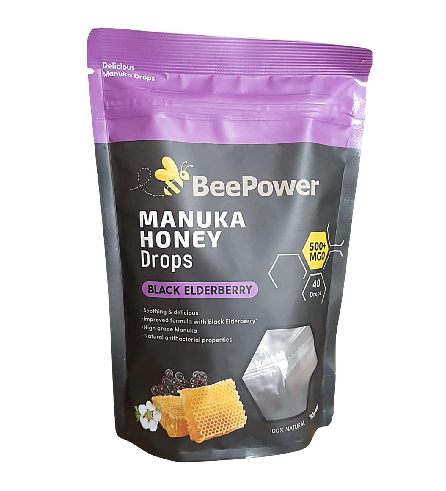 BeePower All Natural Manuka Honey Lozenges | Contains 40 Lozenges 6.7 Oz MGO 500+ (Black Elderberry) - Buy Online on GoSupps.com