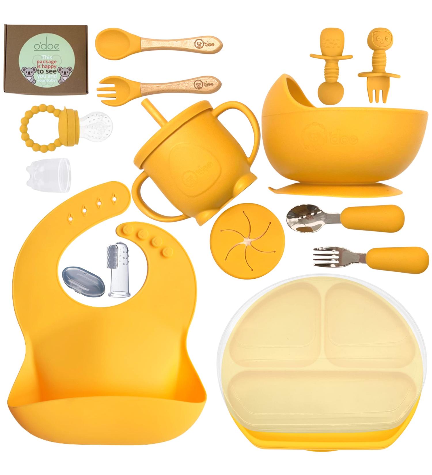 O'doe Baby Led Weaning Feeding Set (17 Pcs) | Suction Silicone Bowl, Utensils, Spoons, Bibs, Plate Kit for Self Eating | Yellow V2 - Buy Online on GoSupps.com