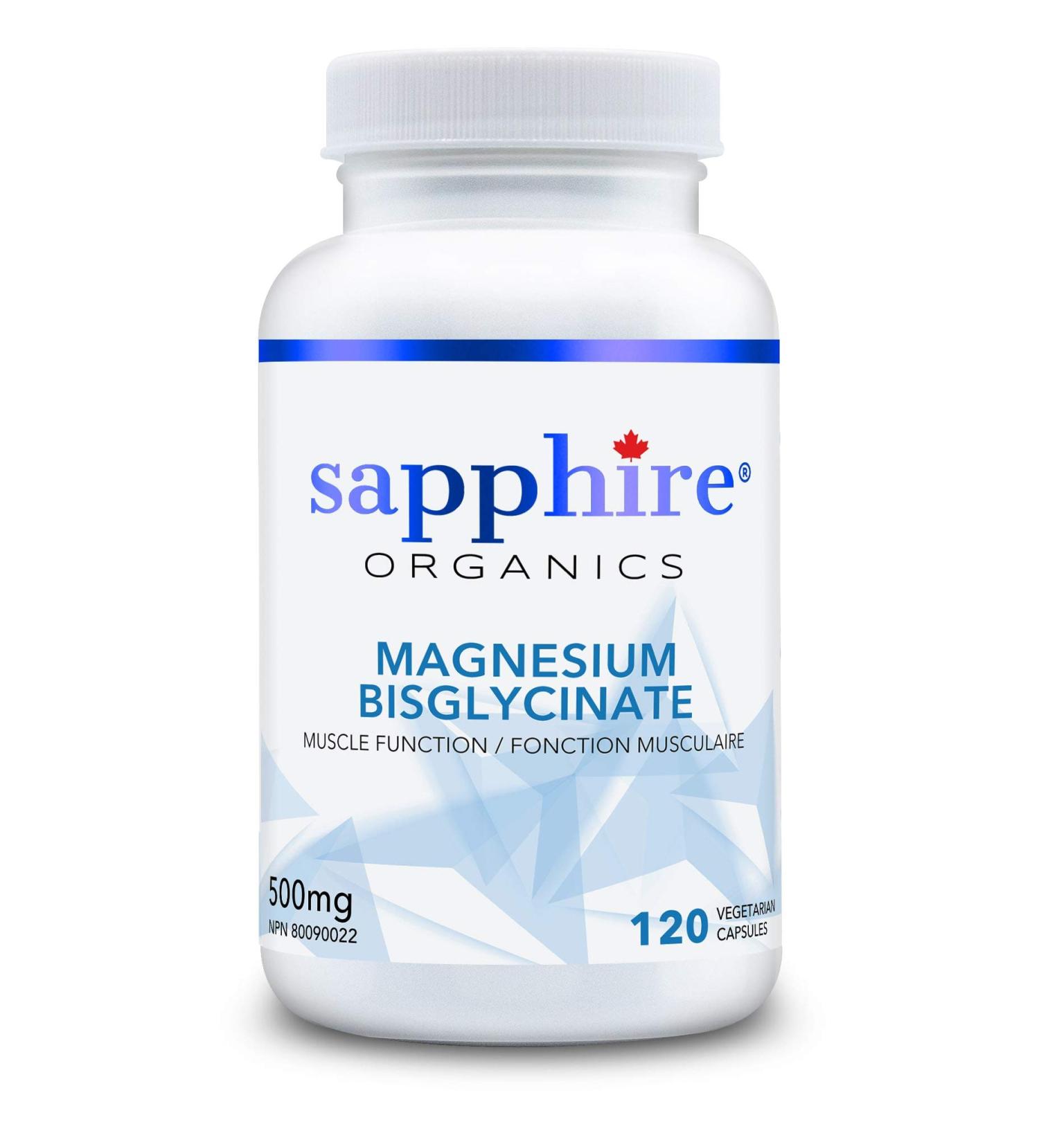 Sapphire Organics - Magnesium Bisglycinate 120 Veggie Capsules 500mg Gentle on Stomach Premium Grade Made in Canada - Buy Online on GoSupps.com