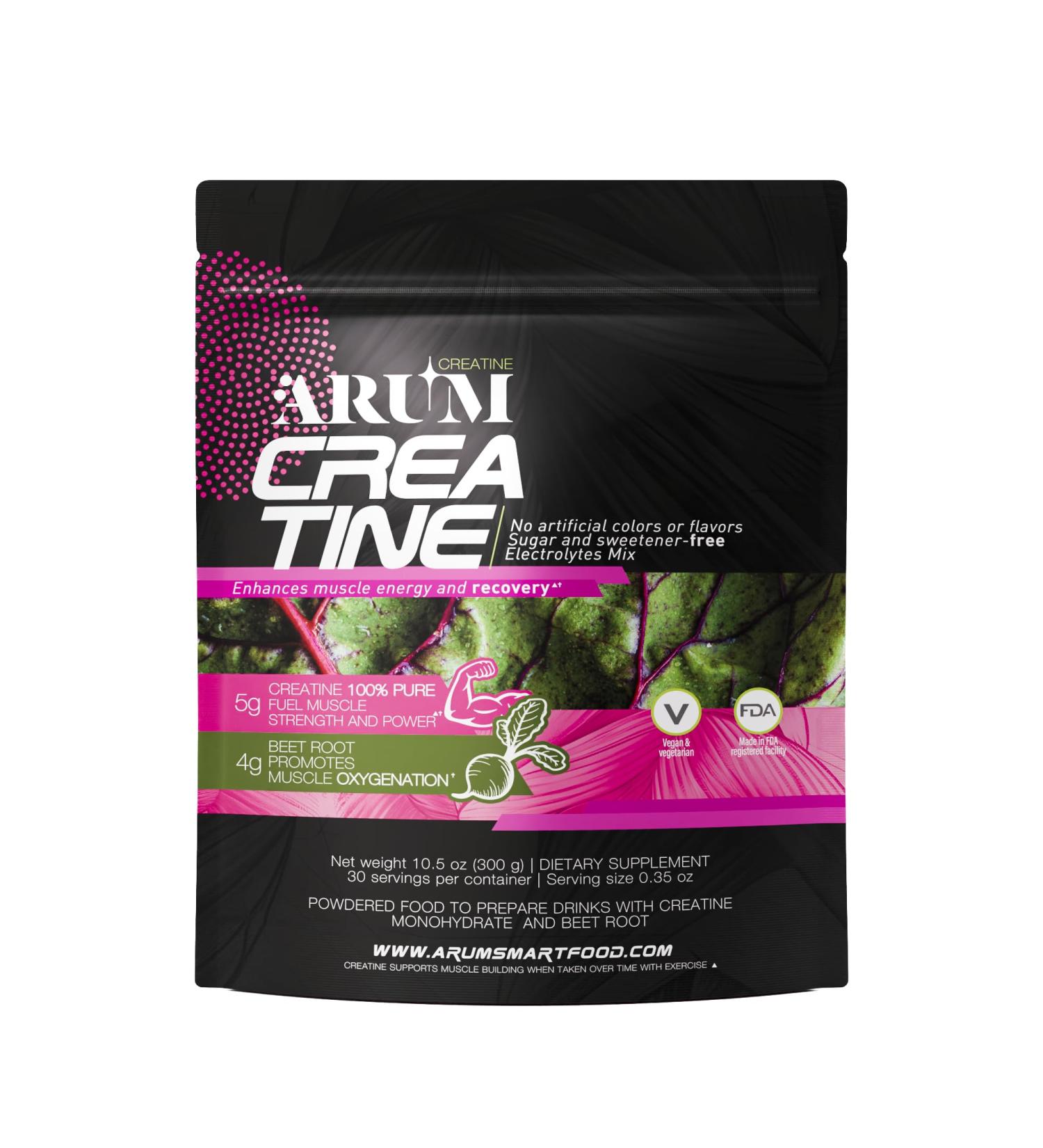 ARUM Creatine with Beetroot & Electrolytes Micronized Creatine Monohydrate Powder 5g + Beet Extract 4g Muscle Strength Endurance Hydration & Recovery Vegan Sugar-Free 30 Servings - Buy Online on GoSupps.com