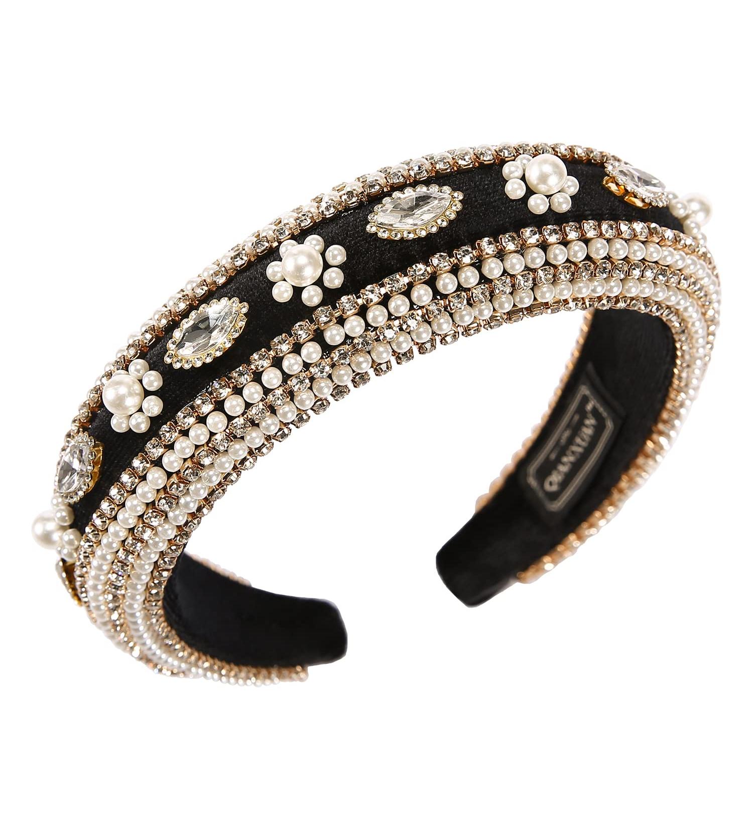 Crystal Rhinestone Headband with Pearl and Velvet Chain - Handmade Retro Diamond Hair Accessory - Buy Online on GoSupps.com