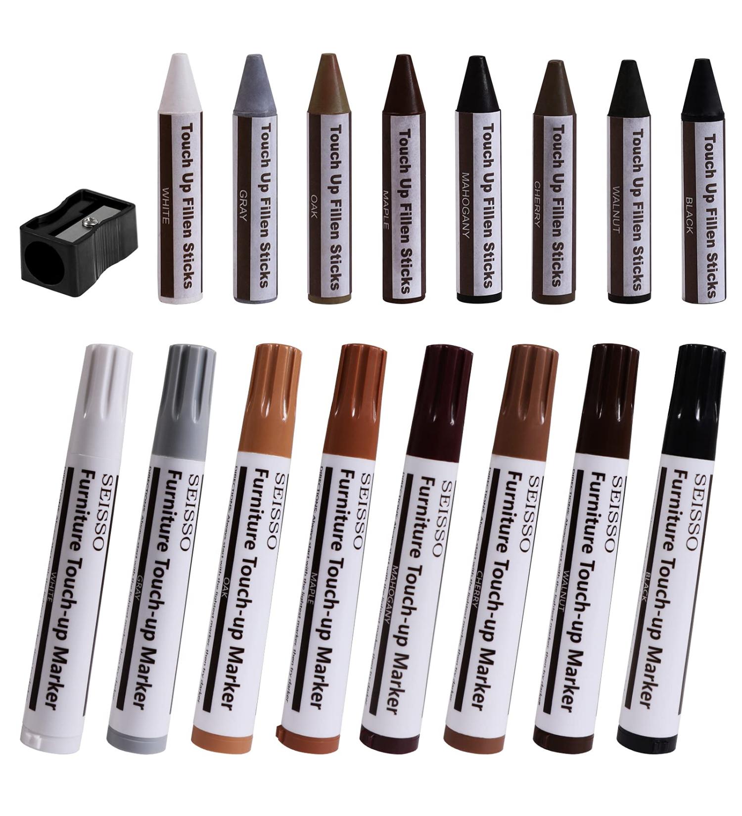 Furniture Markers Touch Up - Set of 17 - Furniture Scratch Repair Markers Kit  Wood Touch Up Markers and Wax Sticks with Sharpener  for Scratches  Stains  Floors  Laminate  Cabinet 8 + 8 Colors - Buy Online on GoSupps.com