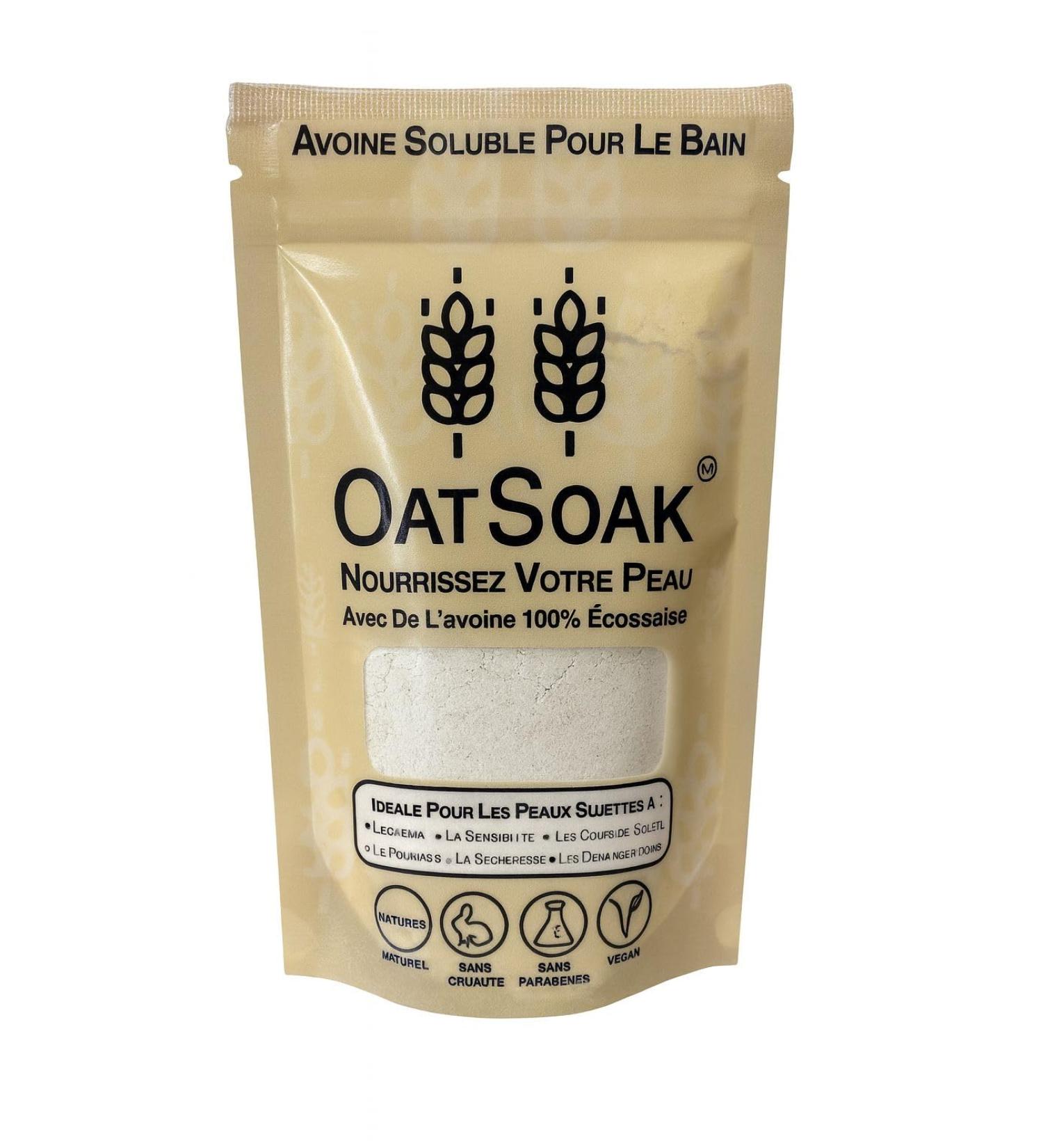 OatSoak Flocons d'avoine solubles pour le bain. Fabriqu avec 100% de flocons d'avoine cossais. Convient aux peaux sujettes l'ecz ma au psoriasis aux coups de soleil et la sensibilit .