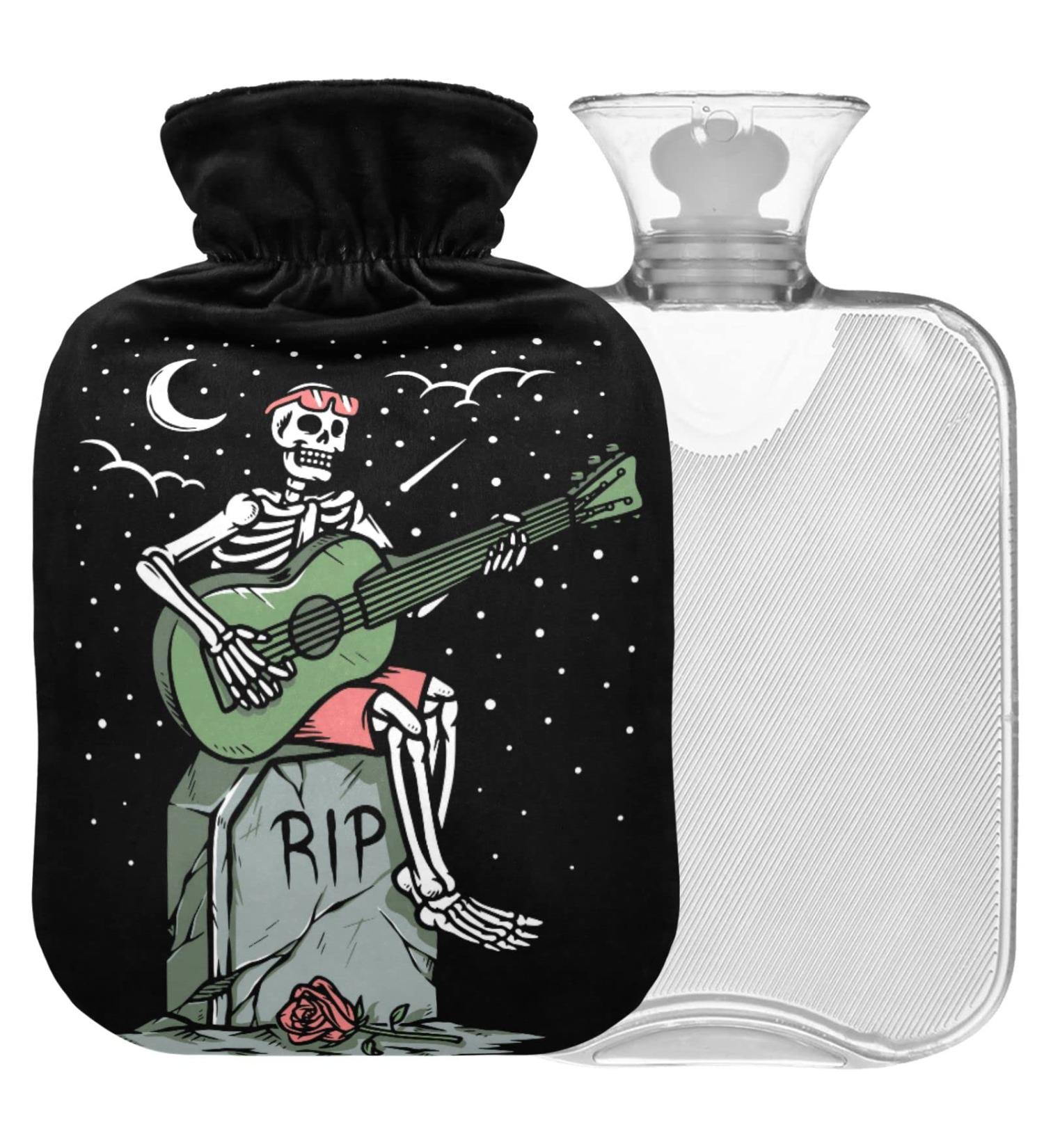 NAANLE Skull Skeleton Guitar Hot Water Bottle with Cover | 1L Hand/Foot Warmer for Pain Relief | Heat & Cold Therapy - Buy Online on GoSupps.com