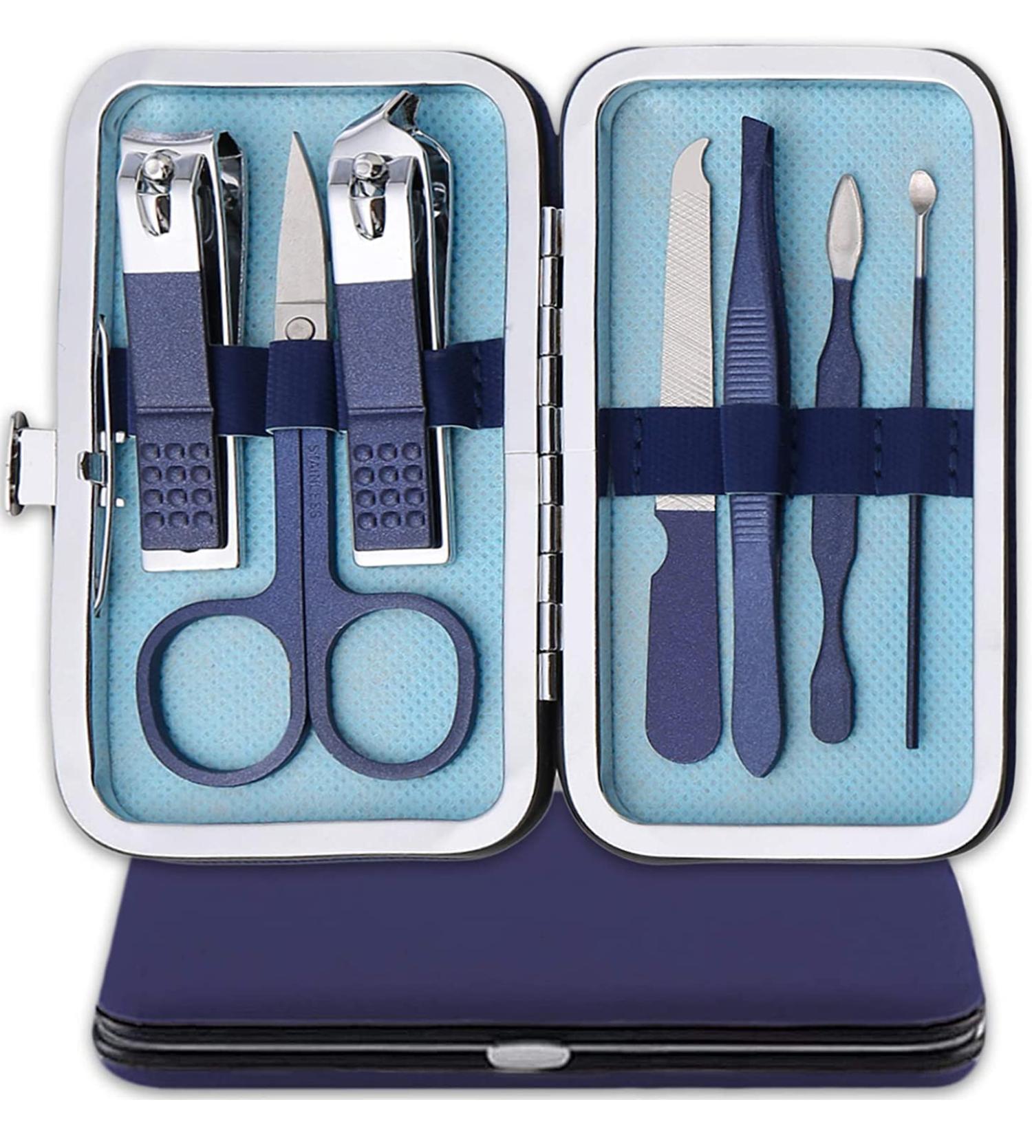 Nail Clipper Manicure Set 7 In 1 Stainless Steel Professional Pedicure Kit Nail Scissors Grooming Kit with Black PU Leather Case for Travel & Home Use (Blue Leather) - Buy Online on GoSupps.com