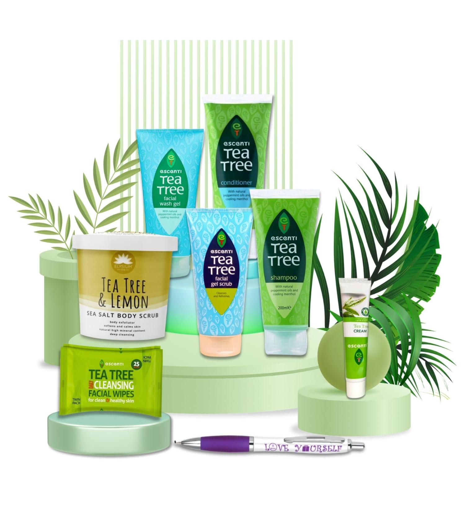 Tea Tree Bath & Body Gift Sets | Cream 28g Shampoo & Conditioner 200ml Facial Wash Gel 150ml Facial Gel Scrub 150ml Body Scrub 200g Facial Wipes 25pk with Sinta Gifts Pen | 9pc Skincare for Women - Buy Online on GoSupps.com