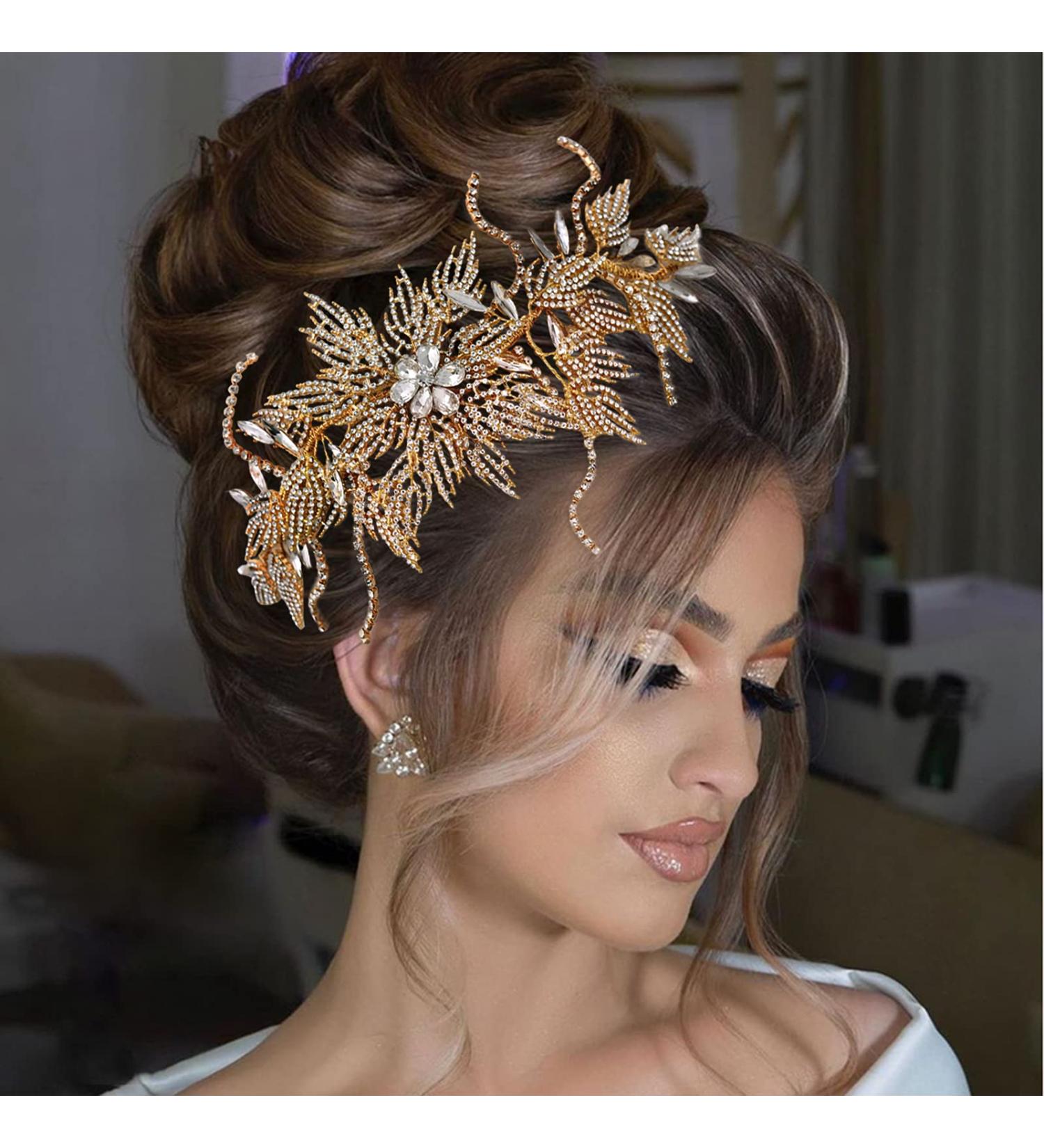 ULAPAN Rhinestone Gold Bridal Tiara Headband for Women - Wedding Hairpiece - Buy Online on GoSupps.com
