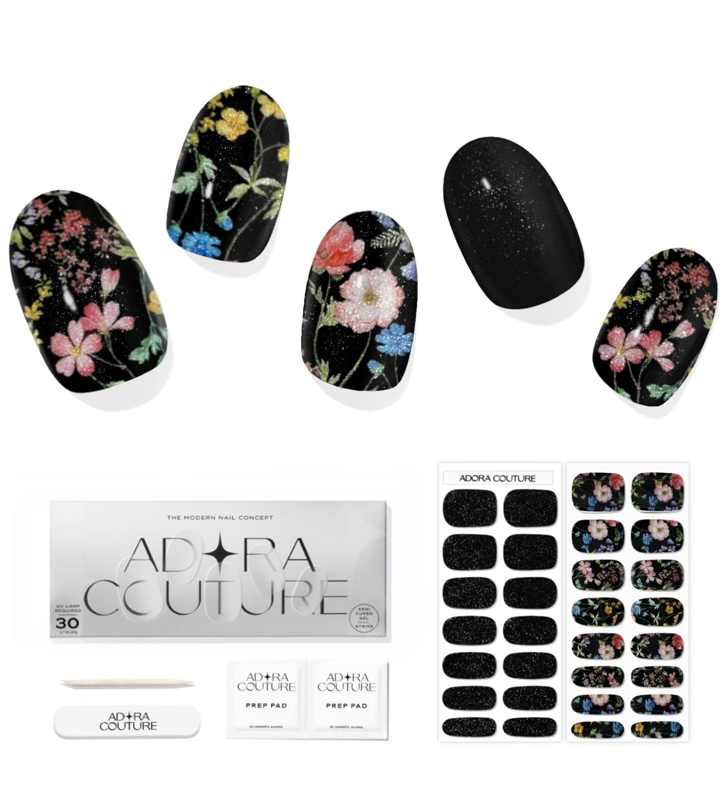 Semi Cured Gel Nail Strips Kit | 30pcs UV Gel Nail Stickers & Light | Night Garden Velvet Flower Wraps | Premium Gel Nail Stickers for Salon Results - Buy Online on GoSupps.com