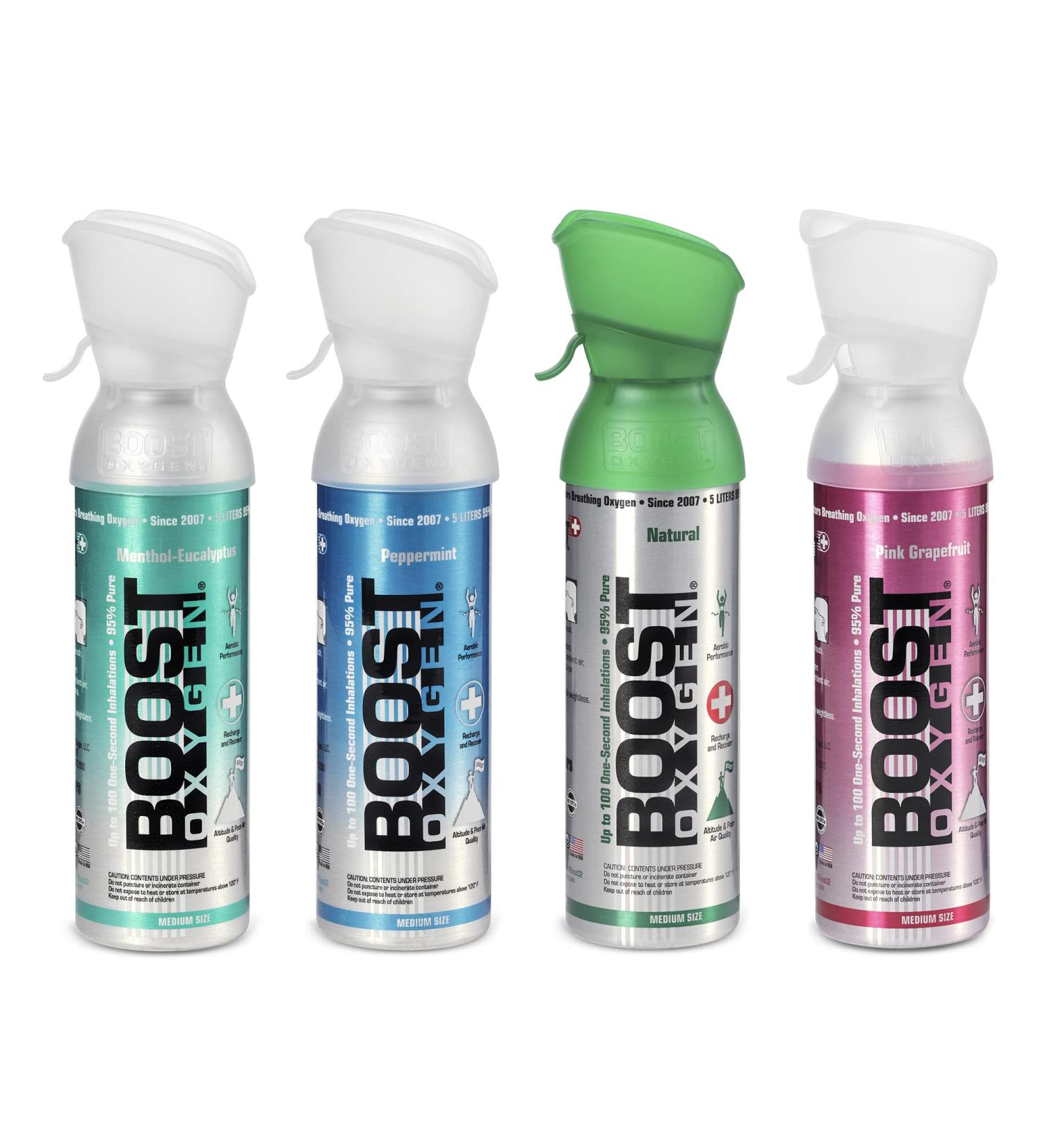 Boost Oxygen Portable 5L Pure Oxygen Canister Variety Pack - Pink Grapefruit, Peppermint, Menthol Eucalyptus Bottles - 4 Pack - Buy Online on GoSupps.com