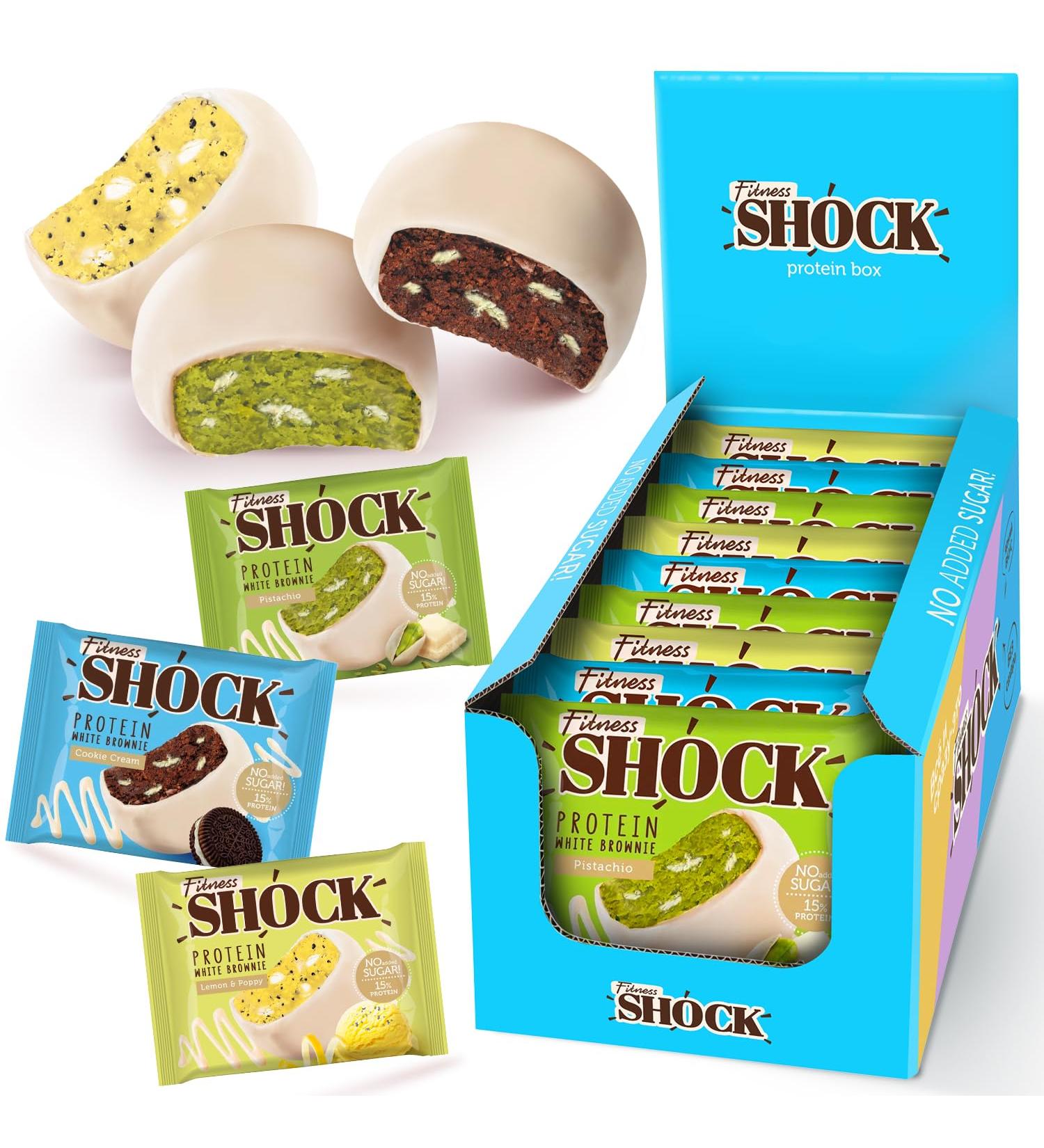 FitnesSHOCK Protein Brownie White Chocolate No Added Sugar 15%/7 5g Protein 233kcal Pre/Post Workout Snack - No Palm Oil Filling dietary fibre Soft Texture 9x50g - Variety pack Mix Box - Buy Online on GoSupps.com