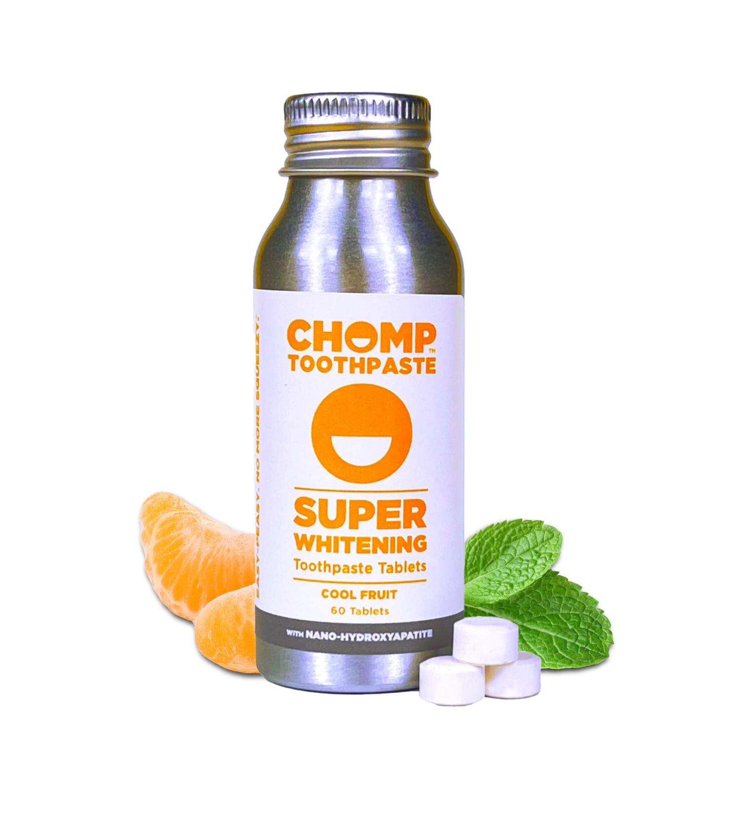 Chomp Super Whitening Cool Fruit Toothpaste Tablets - Nano Hydroxyapatite for Bright Smiles - International Shipping Available - Buy Online on GoSupps.com