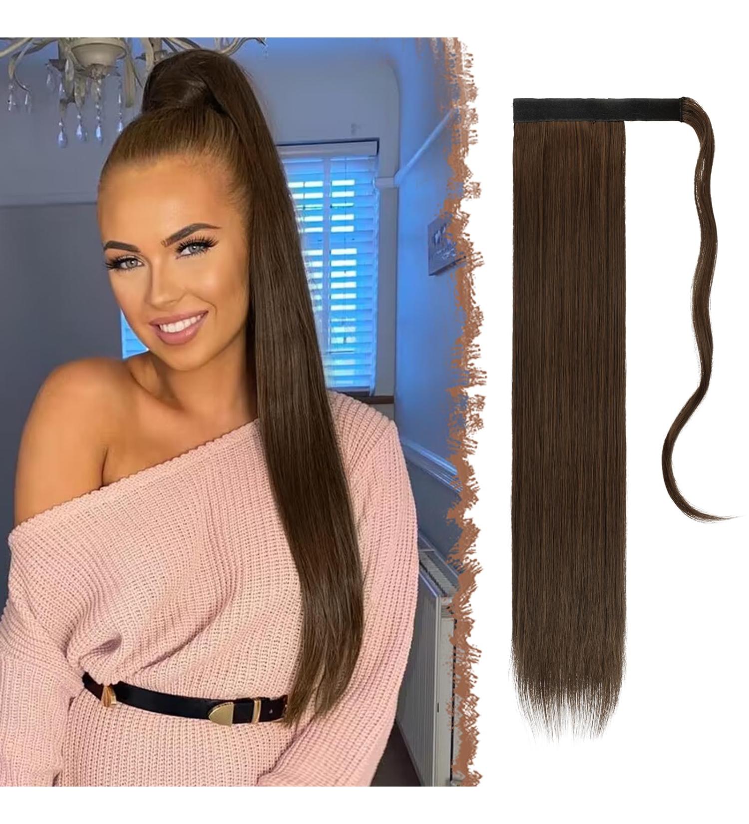 FESHFEN 28 Straight Wrap Around Ponytail Extension - Brown & Light Auburn - Clip in Synthetic Hairpiece for Women - Pack of 1 - Buy Online on GoSupps.com