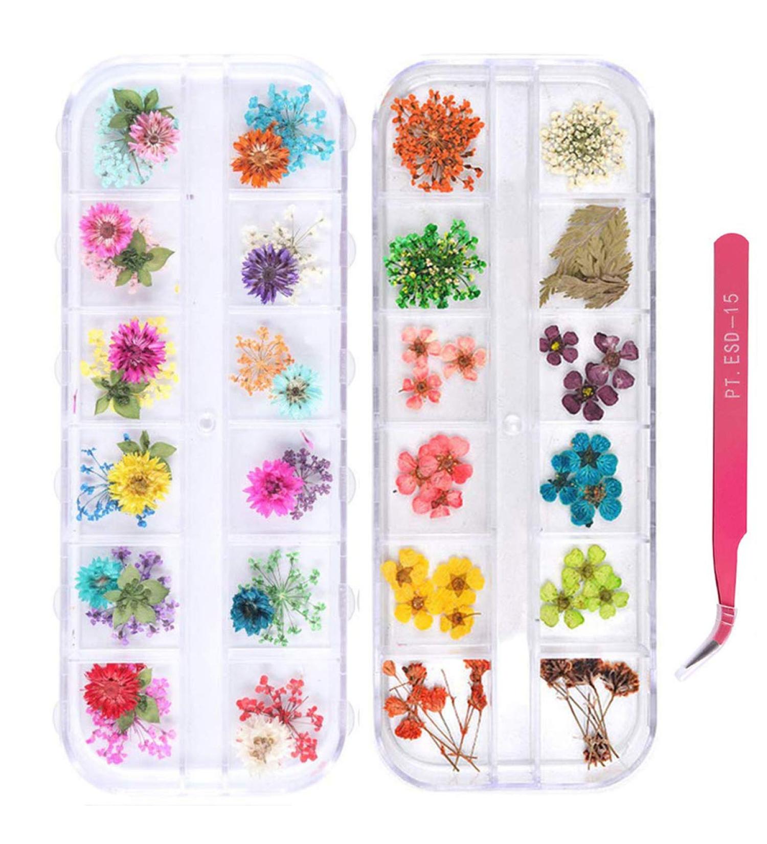 UNIME 24 Colors Nail Art Dried Flowers - Mini Real Natural 3D Applique Sticker for Manicure Decoration - Gypsophila Flowers Leaves - 2 Boxes - Buy Online on GoSupps.com