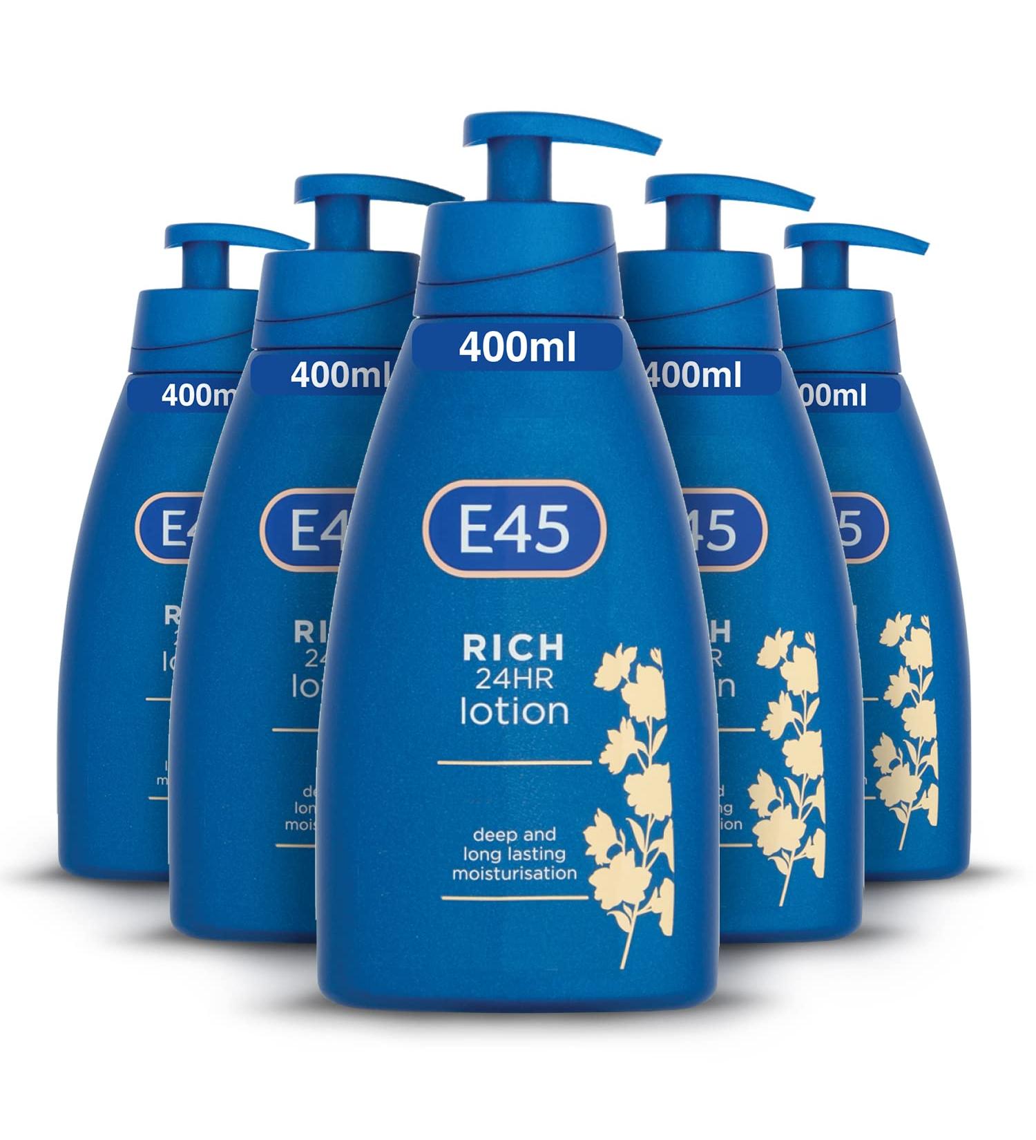 E45 Rich Skin Lotion 400 ml x5 Pack E45 Moisturising Lotion with Evening Primrose Oil Lightweight Body Lotion for Dry and Sensitive Skin Long-Lasting Moisturisation for Soft and Supple Skin E45 Rich Lotion 400ml (Pack of 5) - Buy Online on GoSupps.com