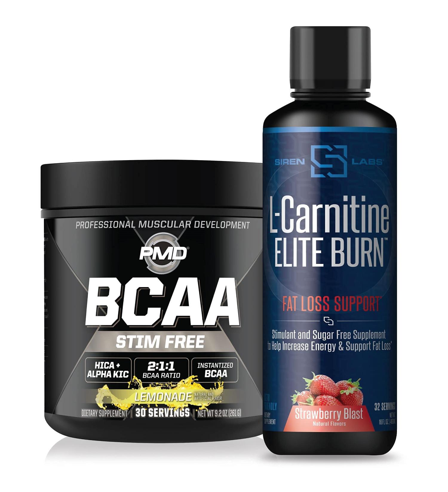 PMD Sports BCAA's Stim Free for Recovery and Performance Lemonade (30 Servings) & Siren Labs L-Carnitine Elite Burn Fat Loss Support Strawberry Blast 3000 mg (32 Servings) - Buy Online on GoSupps.com