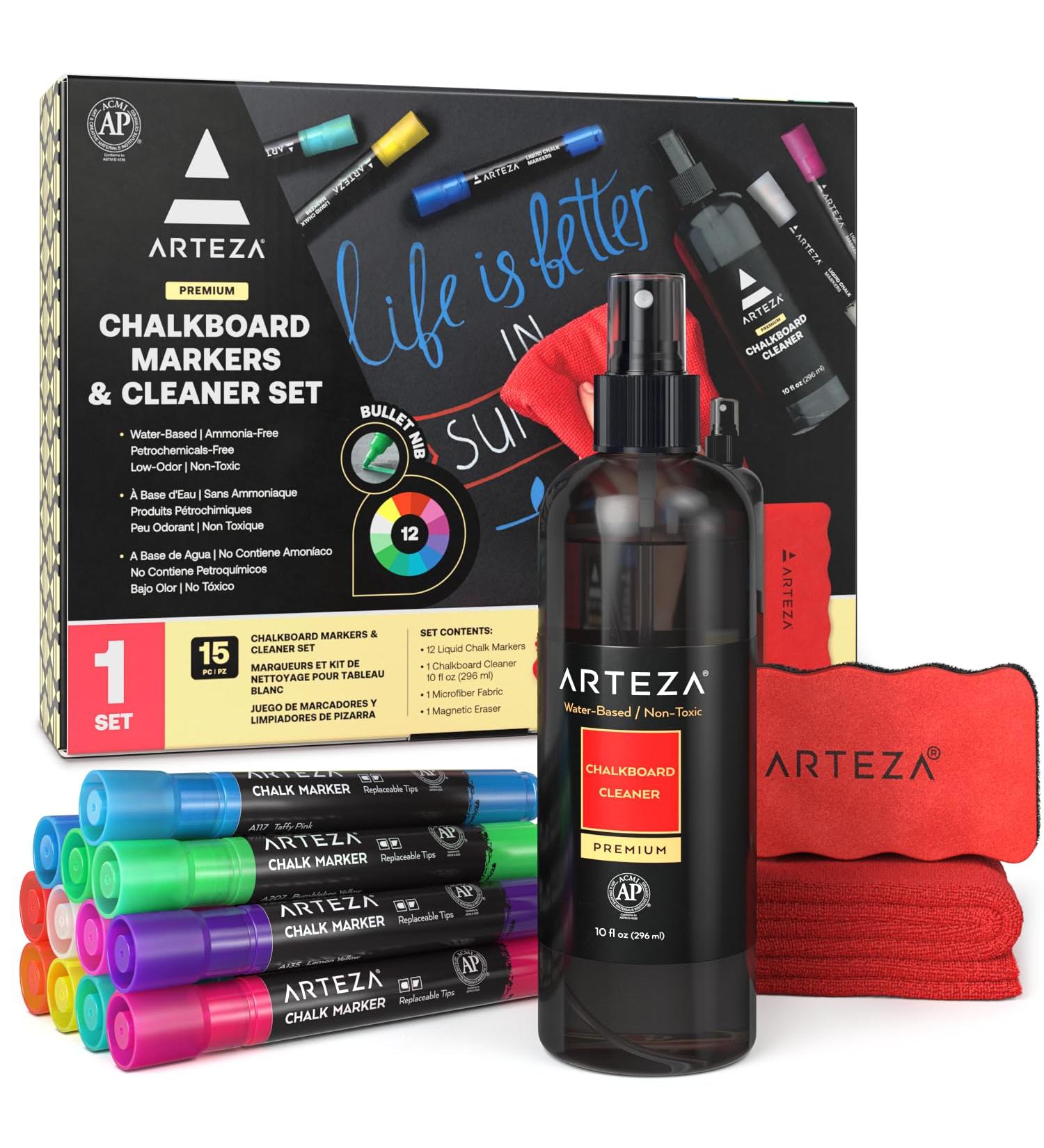 Arteza Chalkboard Cleaner Set - 12 Assorted Chalk Markers Magnetic Eraser & 10-Ounce Cleaner - Perfect for Blackboards & Menu Boards - International Shipping Available - Buy Online on GoSupps.com