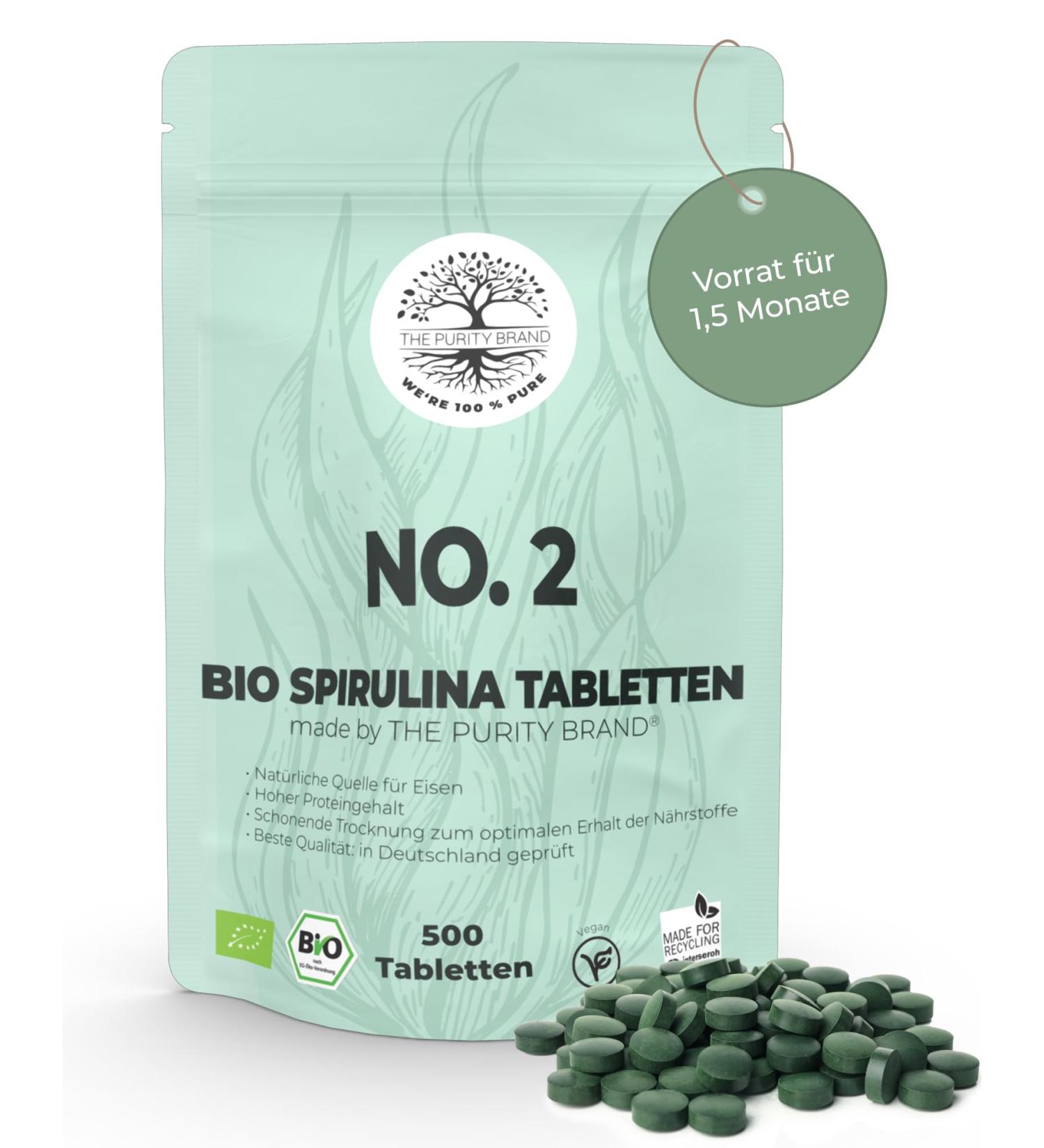 Buy Purity Brand Bio Spirulina 500 Tablets - Vegan Dietary Supplement with Iron Vitamin B12 & High Protein - 4.8g Daily Dose - International Shipping Available - Buy Online on GoSupps.com